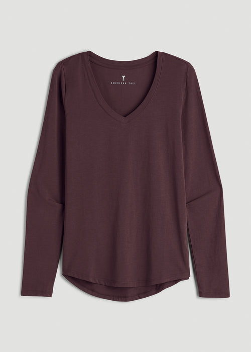 Long Sleeve Scoop V-Neck Tee Shirt for Tall Women in Merlot