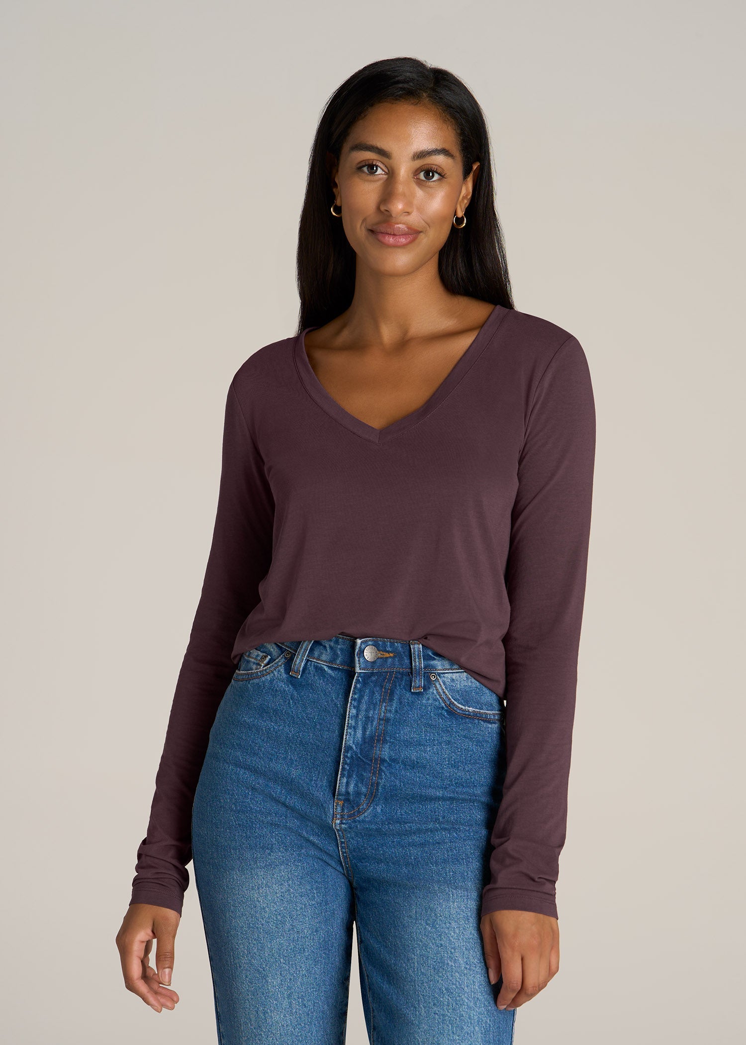 Long Sleeve Scoop V-Neck Tee Shirt for Tall Women in Merlot