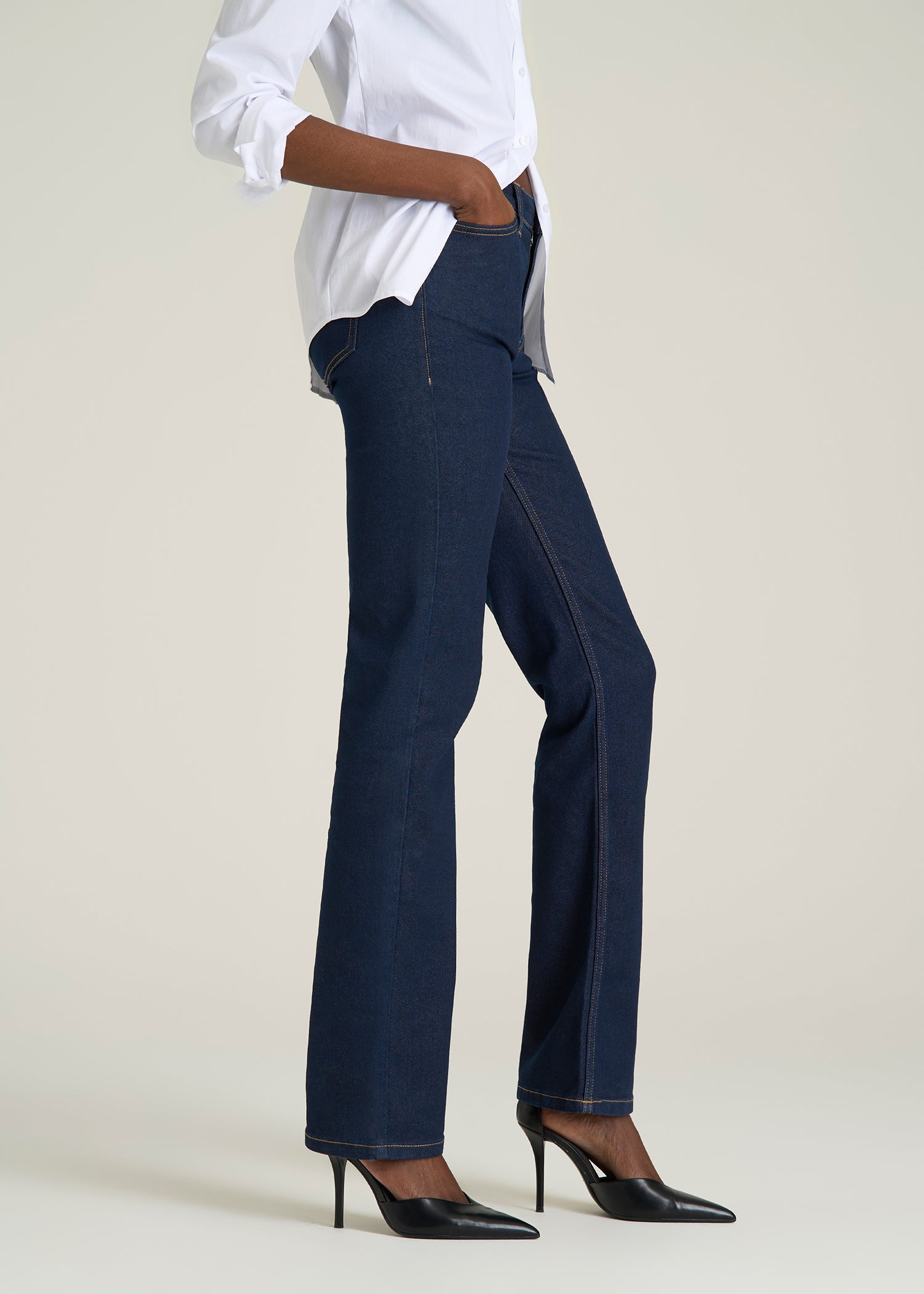 Mid-Rise Straight Fit Jeans for Tall Women in Deep Indigo Wash
