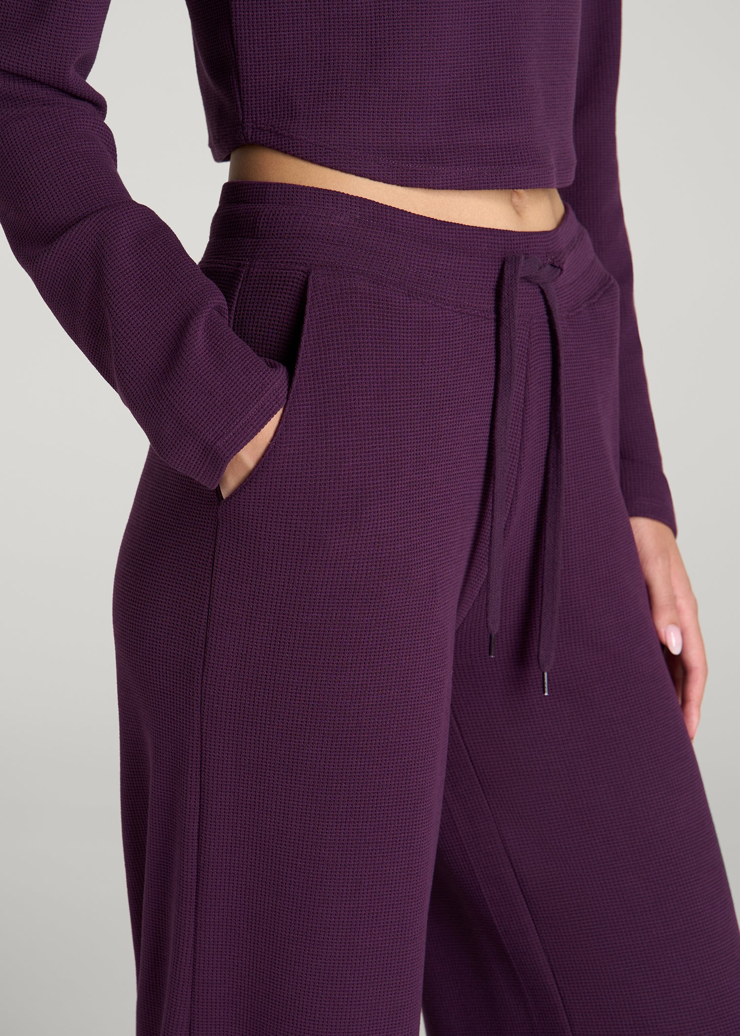 Mid-Rise Waffle Wide-Leg Pants for Tall Women in Aubergine