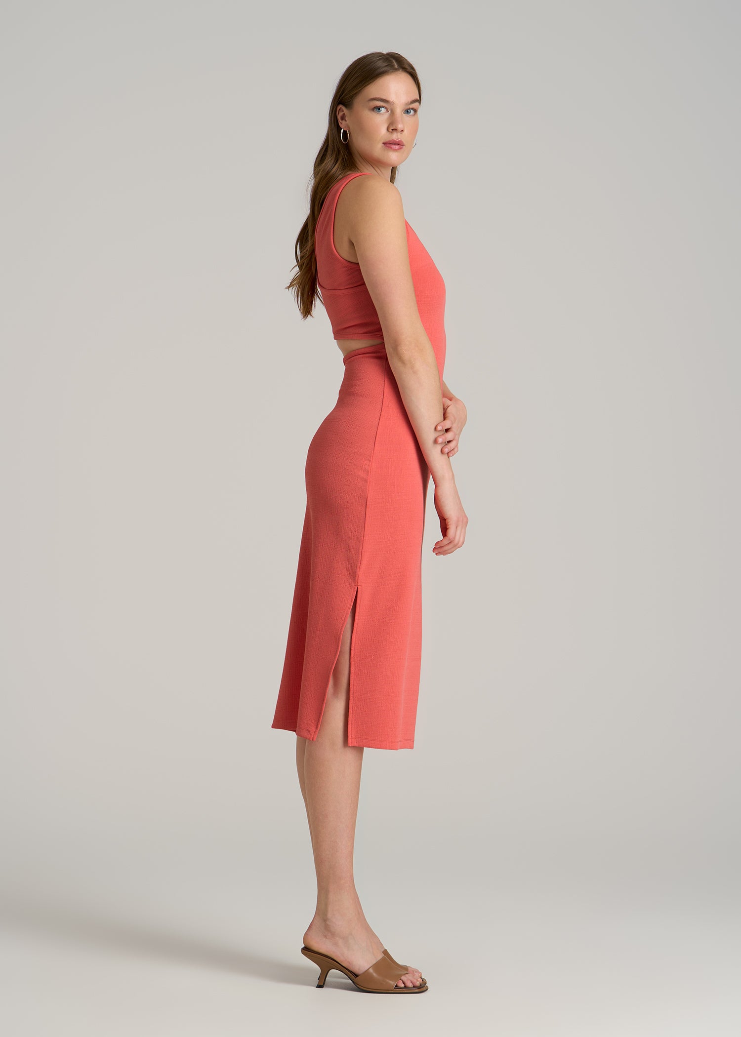 Midi Cross Back Sleeveless Dress for Tall Women in Sunset Coral
