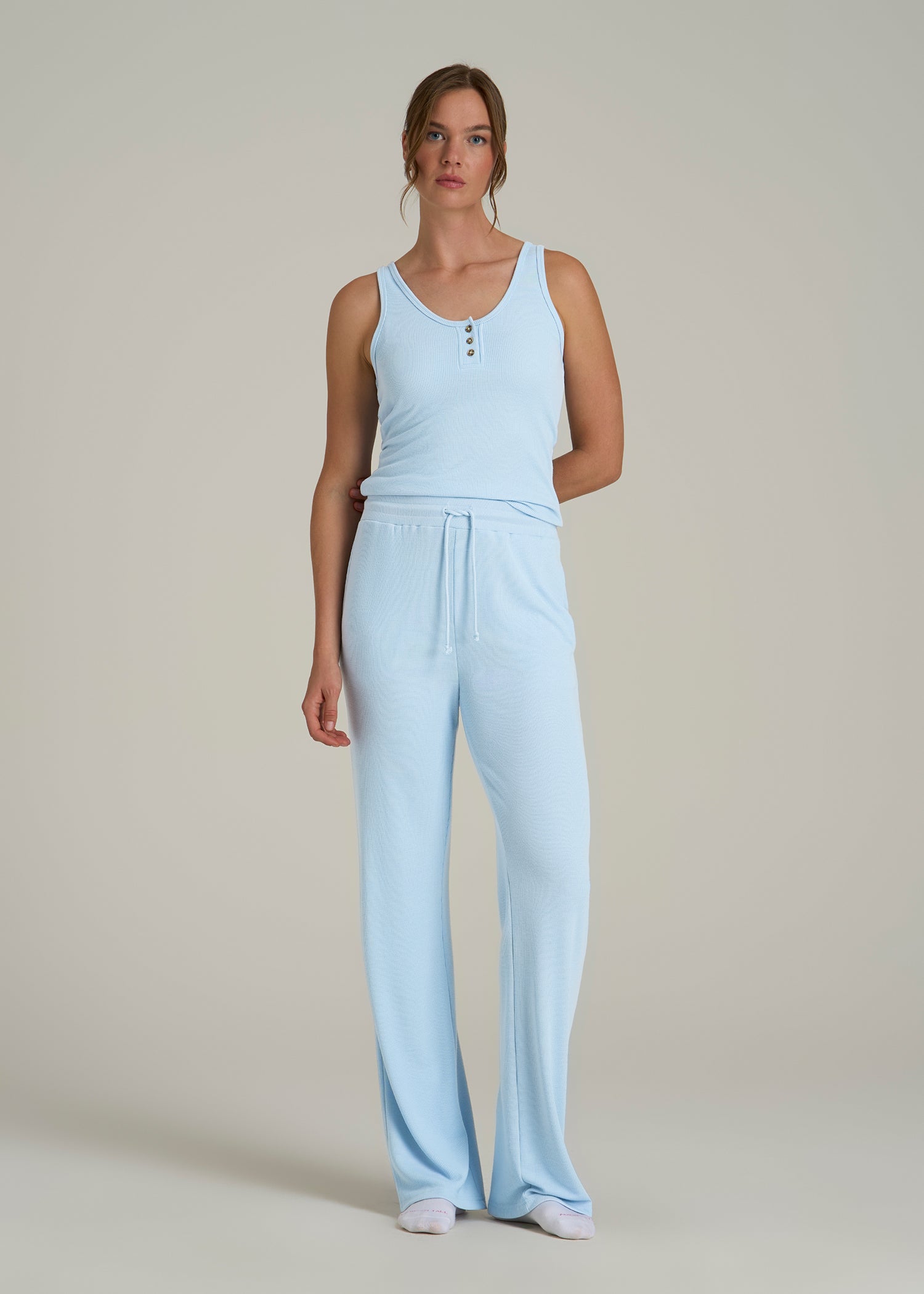 Open-Bottom Waffle Lounge Pants for Tall Women in Ice Blue