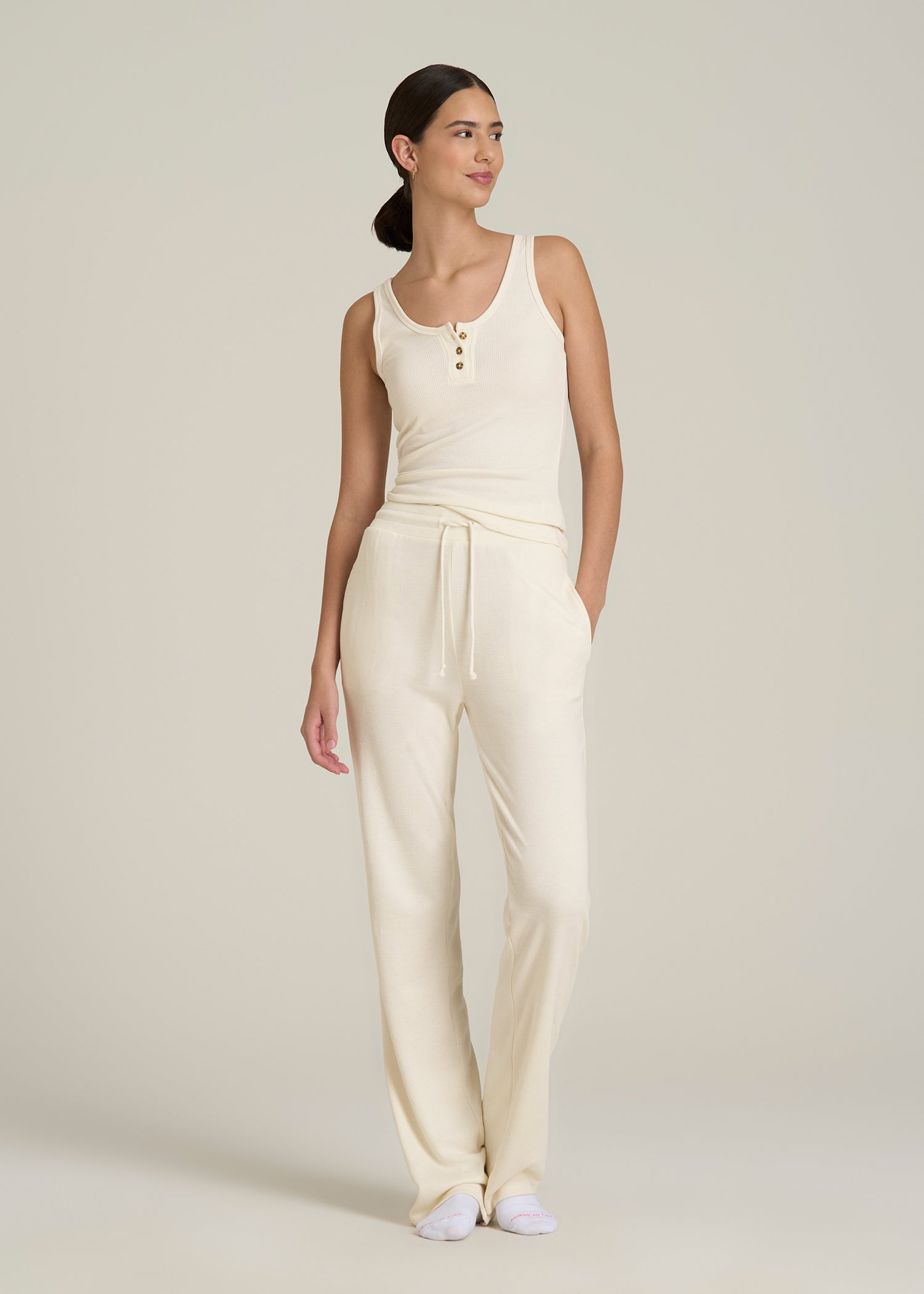 Open-Bottom Waffle Lounge Pants for Tall Women in White Alyssum