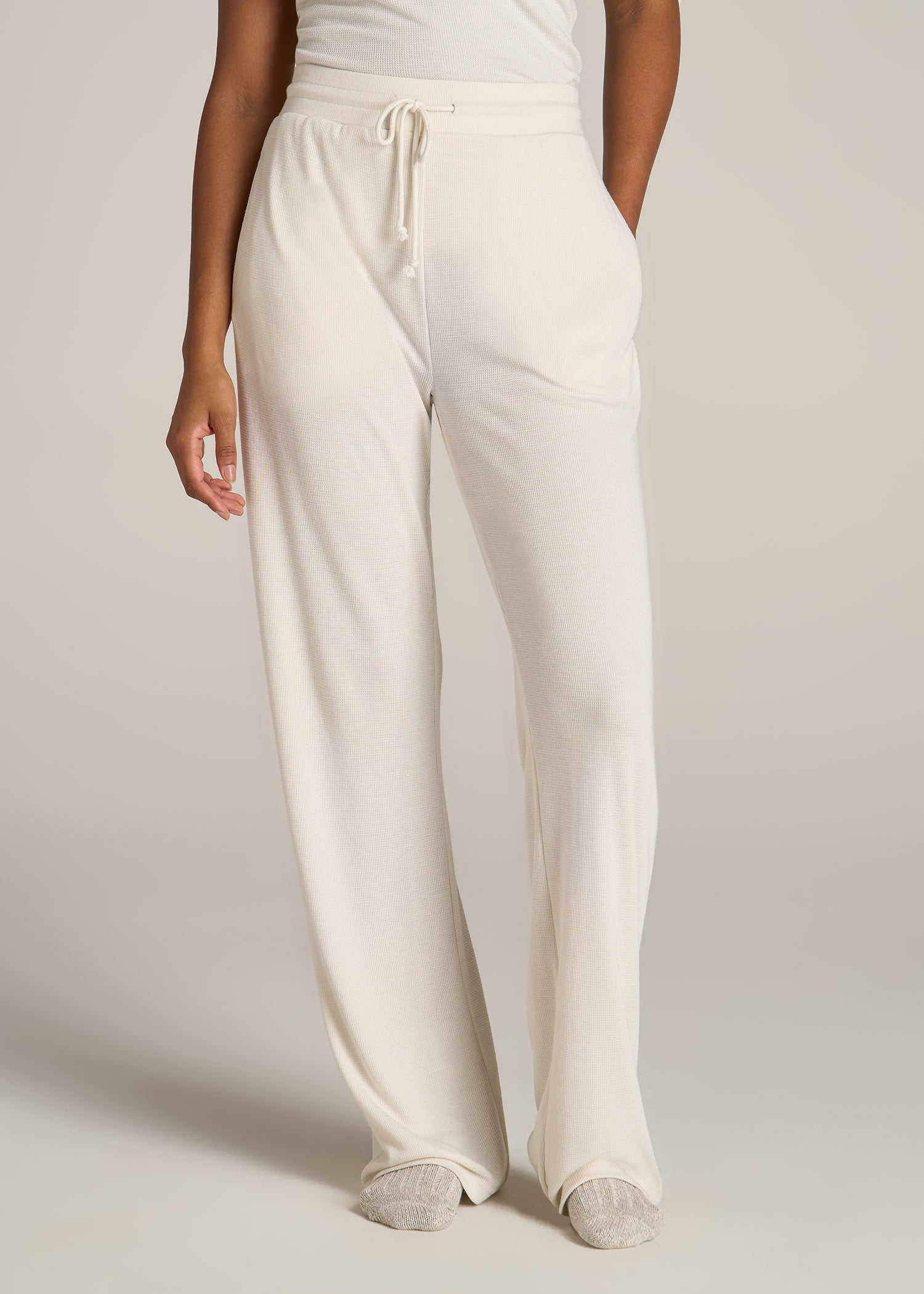 Open-Bottom Waffle Lounge Pants for Tall Women in White Alyssum