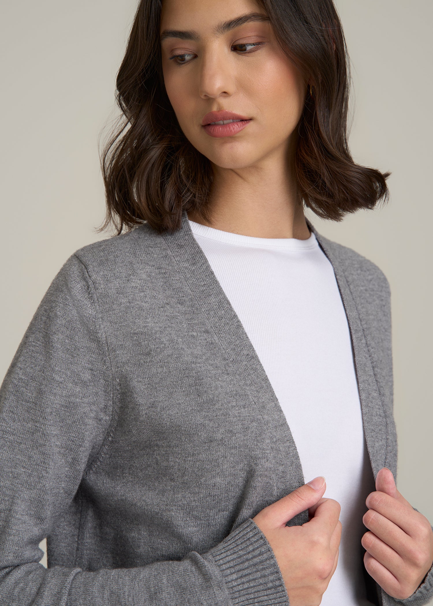 Open-Front Long Cardigan Sweater for Tall Women in Ash Grey Mix