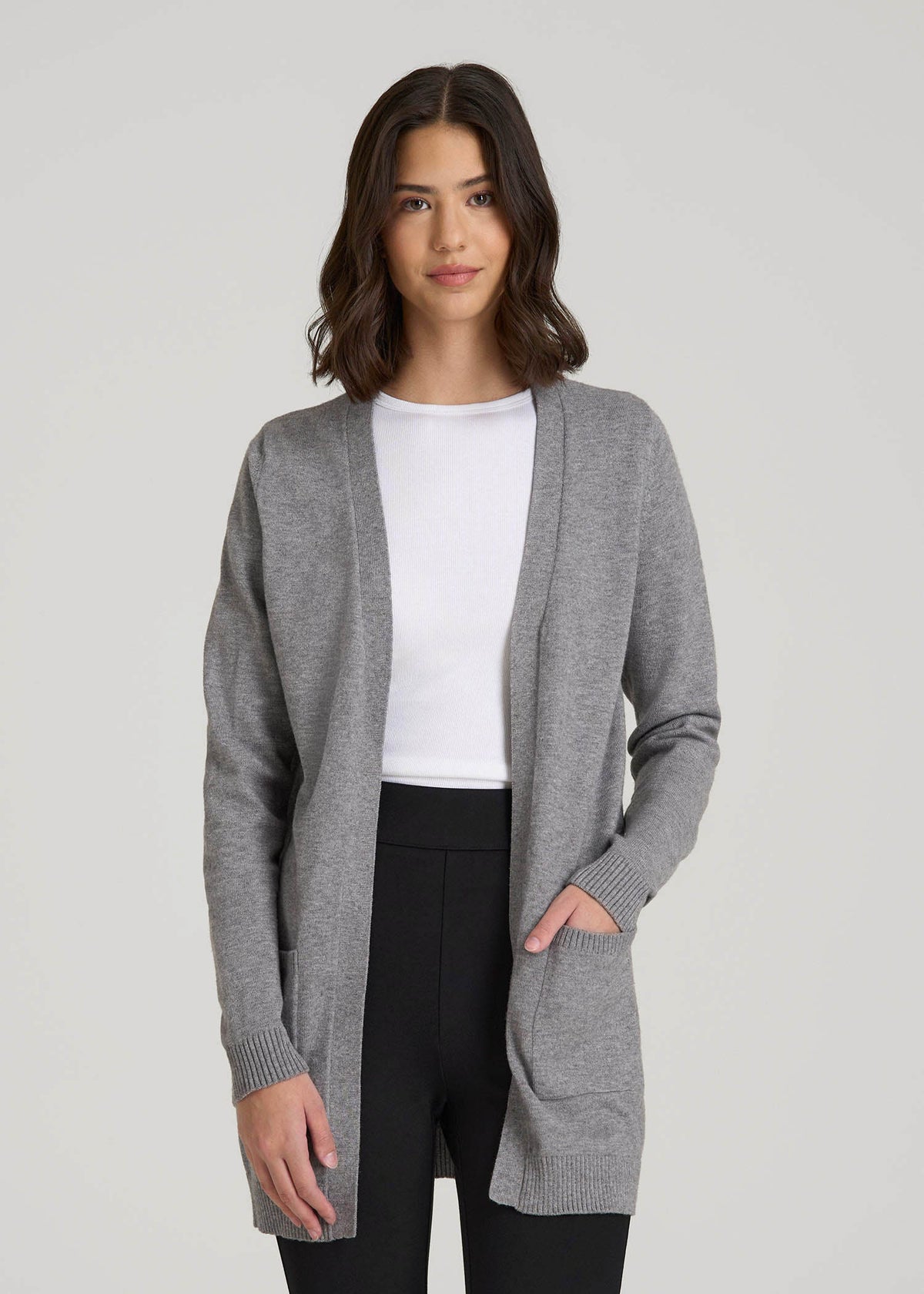 Open-Front Long Cardigan Sweater for Tall Women in Ash Grey Mix