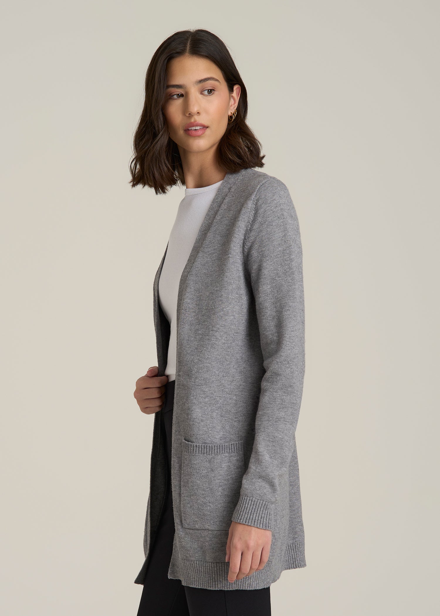 Open-Front Long Cardigan Sweater for Tall Women in Ash Grey Mix