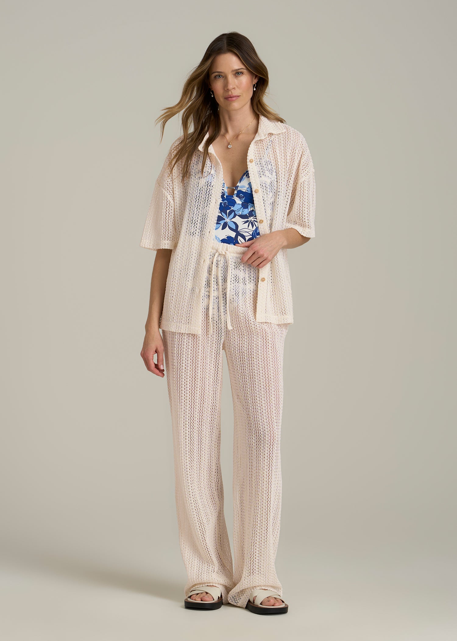 Openwork Knit Pants for Tall Women in Natural