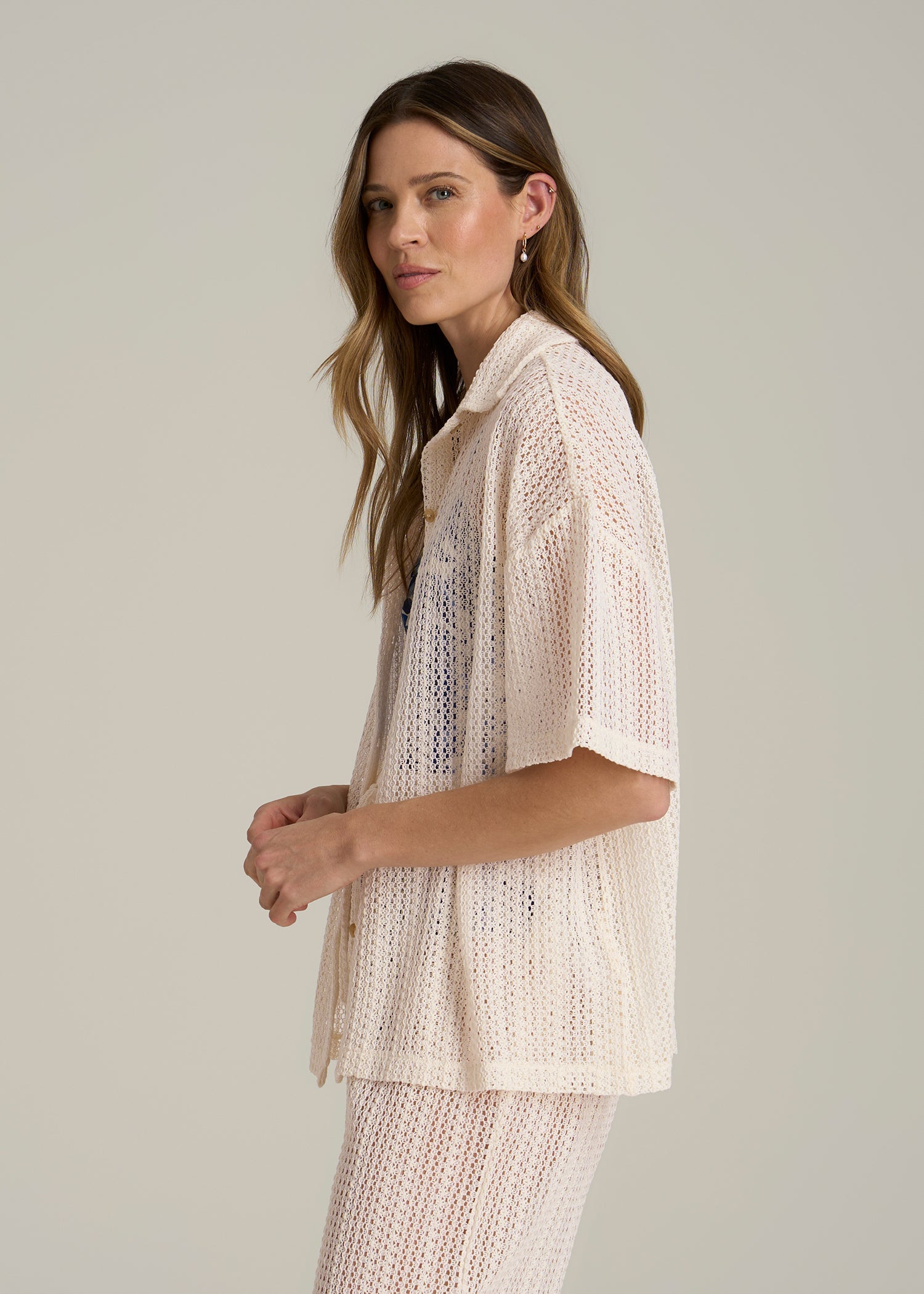 Openwork Loose Knit Top for Tall Women in Natural