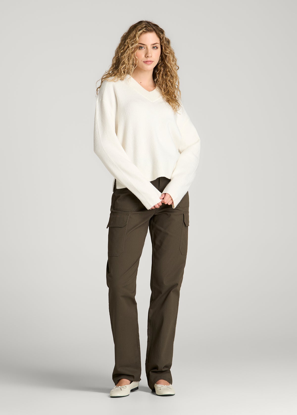 Oversized V-Neck Girlfriend Sweater for Tall Women in White Alyssum
