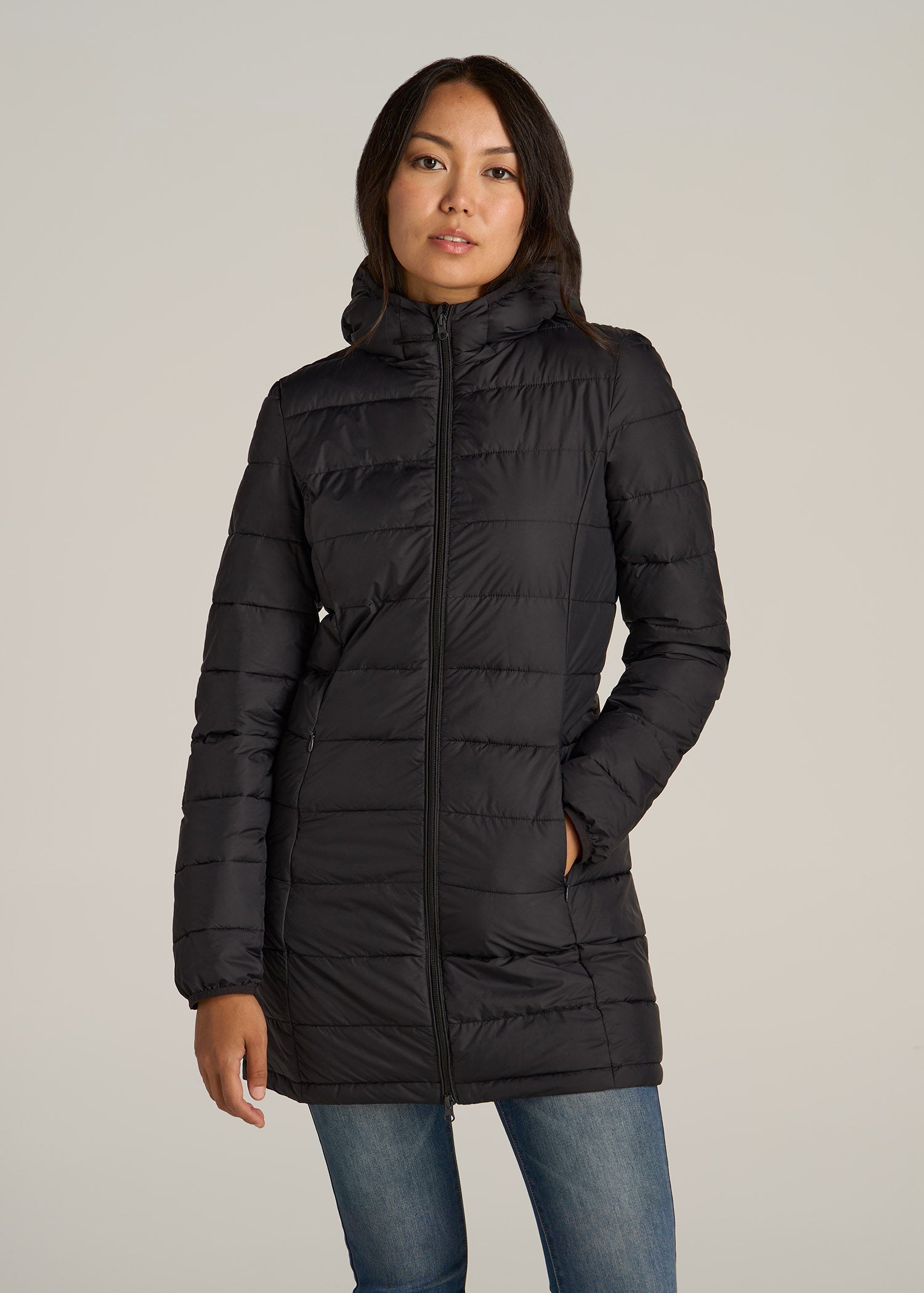 Packable Puffer Jacket for Tall Women in Black