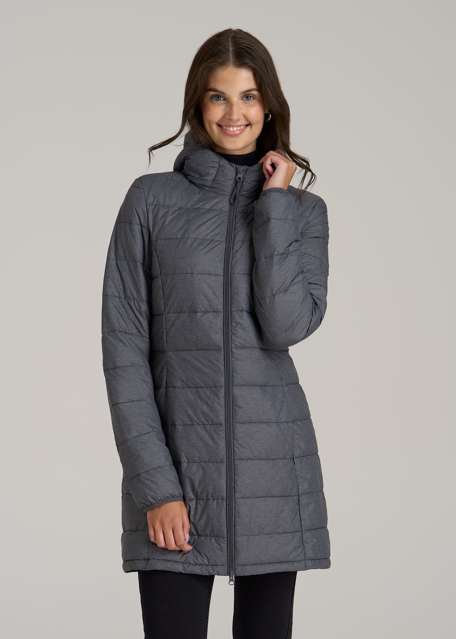 Packable Puffer Jacket for Tall Women in Charcoal Space Dye