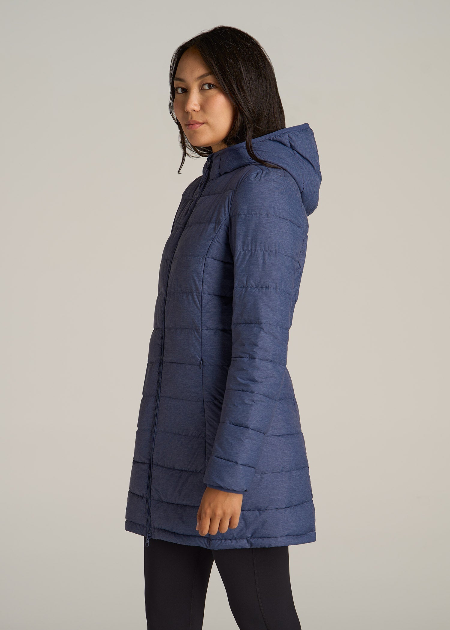 Packable Puffer Jacket for Tall Women in Blue Space Dye