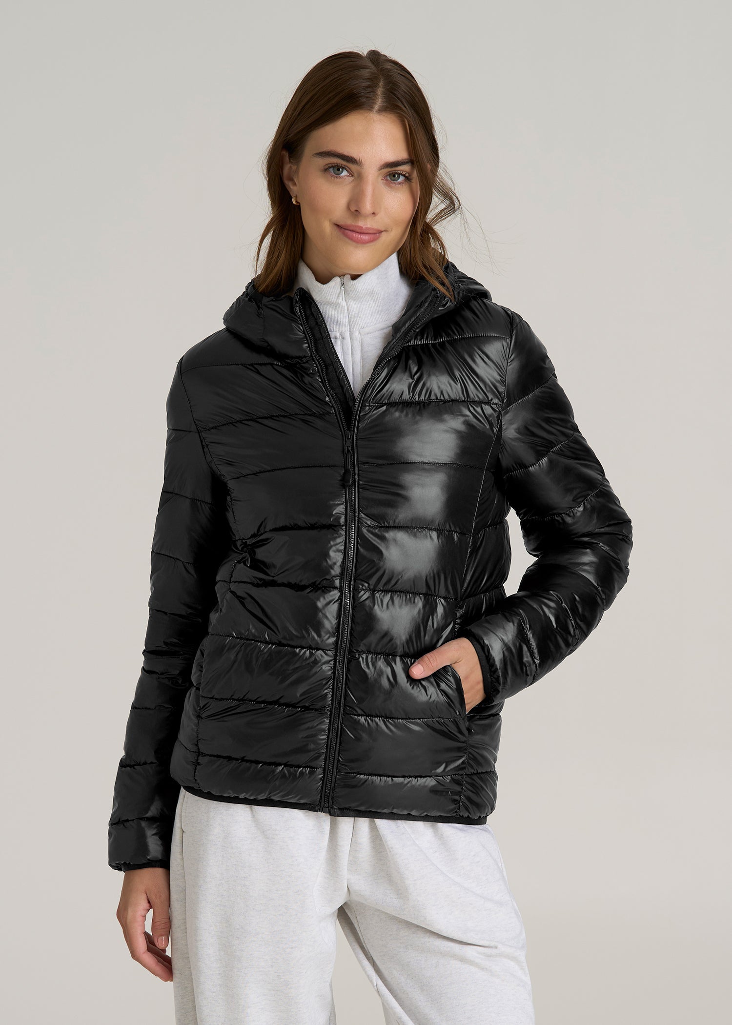 Packable Short Puffer Jacket for Tall Women in Glossy Black