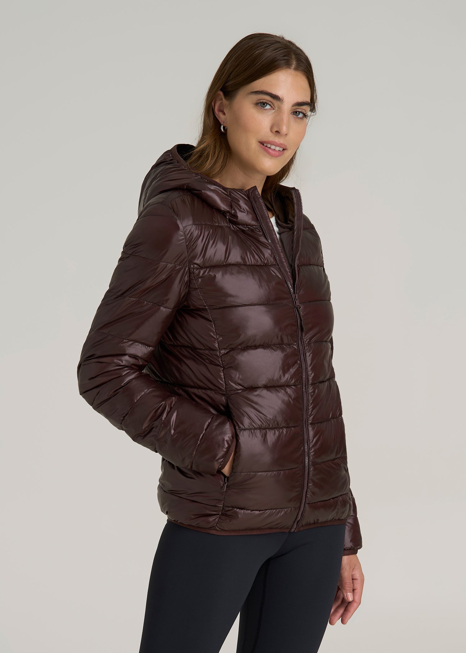 Packable Short Puffer Jacket for Tall Women in Oxblood