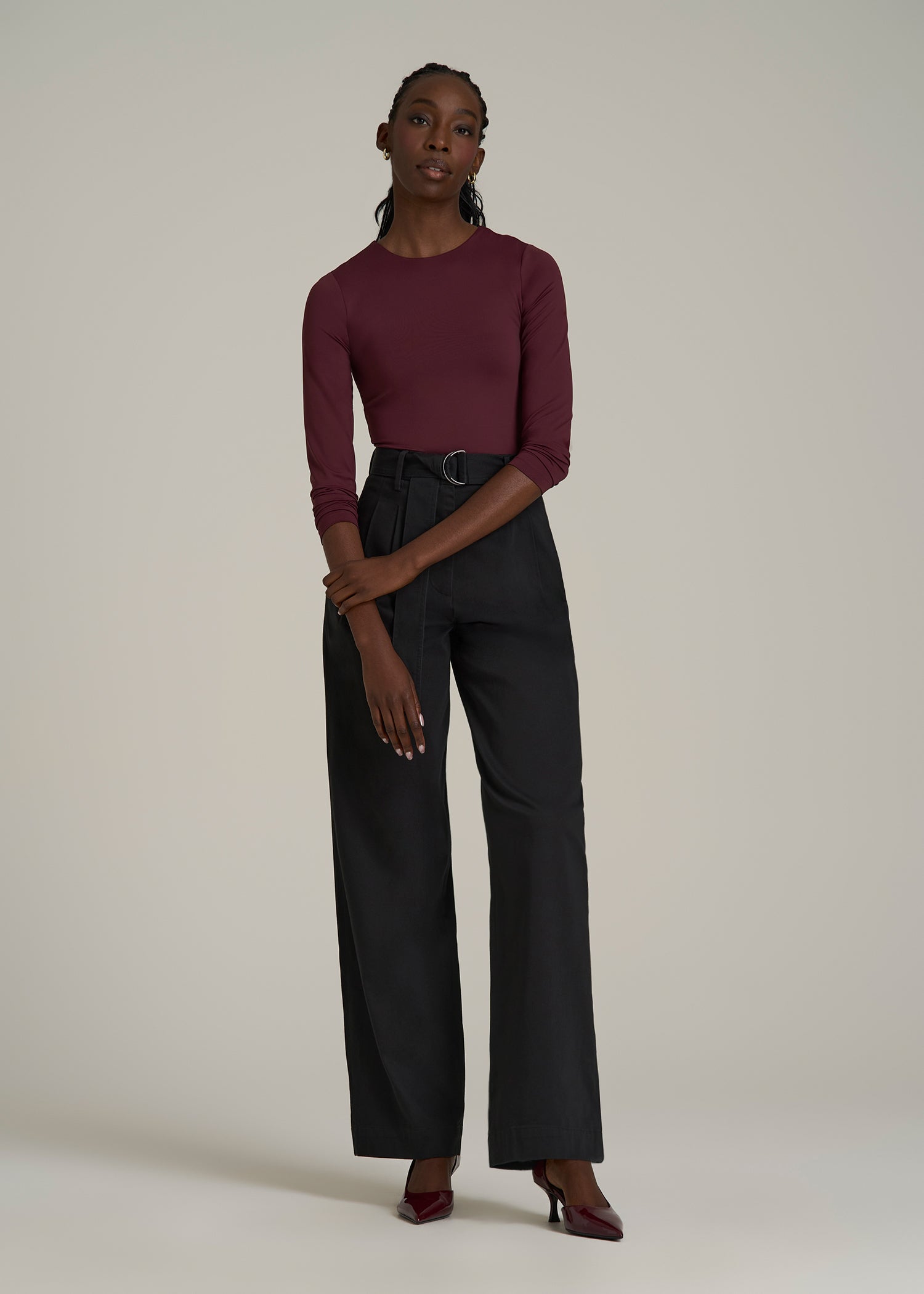 Pleated Wide Leg Chino With Belt for Tall Women in Deep Black