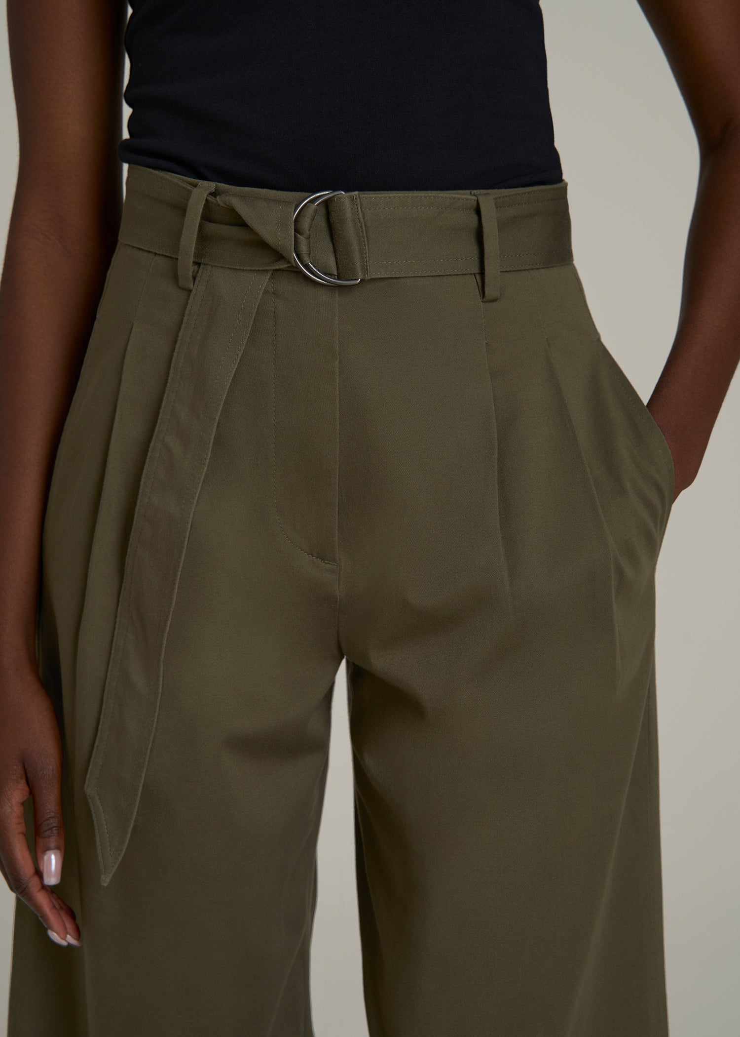 Pleated Wide Leg Chino With Belt for Tall Women in Forest Night
