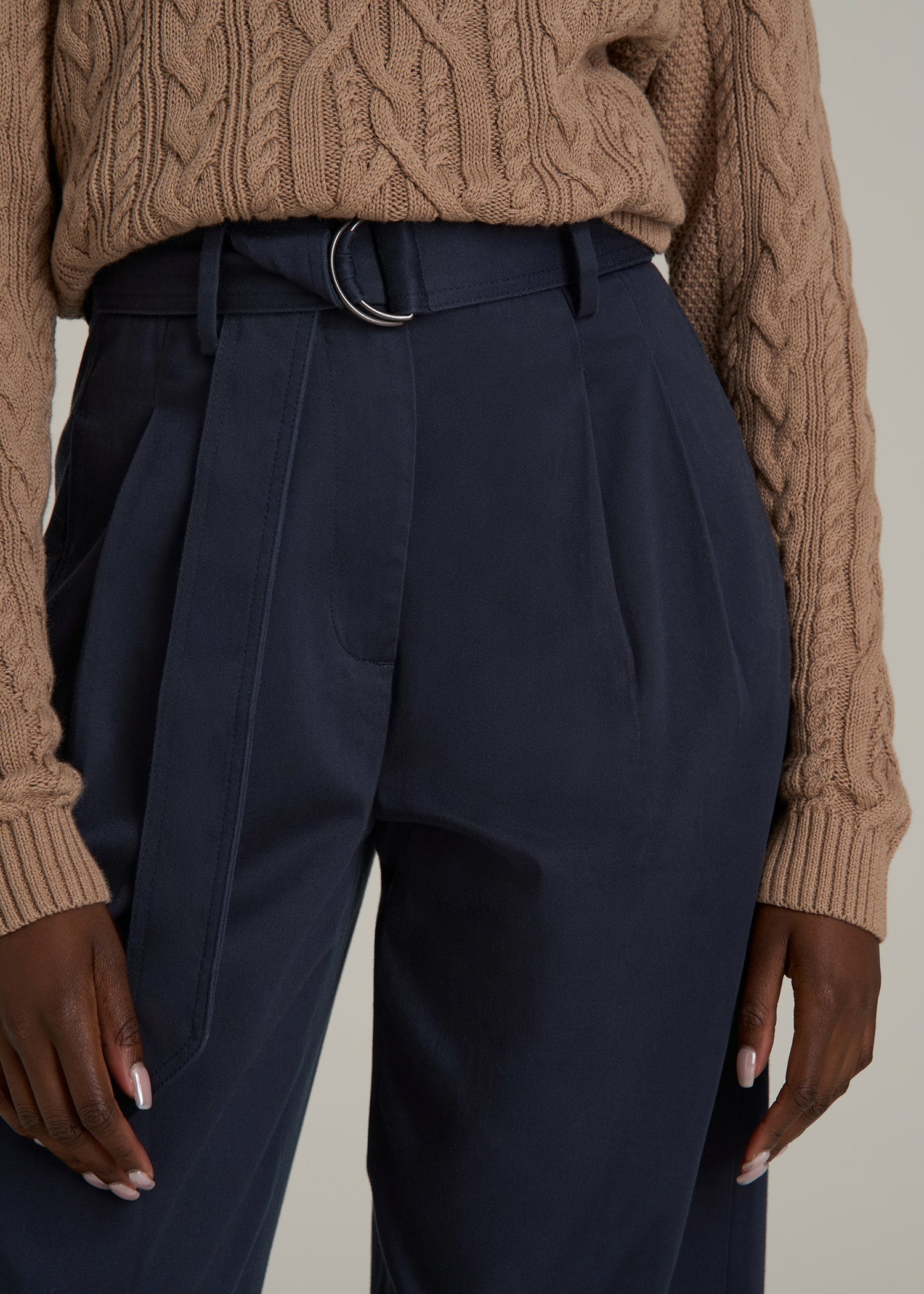 Pleated Wide Leg Chino With Belt for Tall Women in True Navy