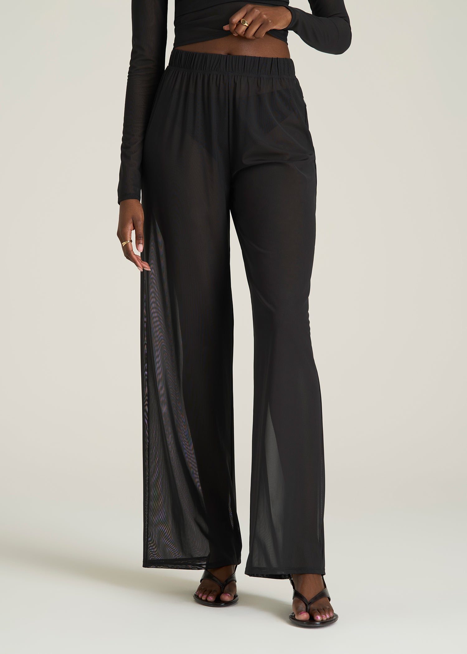 Power Mesh Wide-Leg Pants for Tall Women in Deep Black