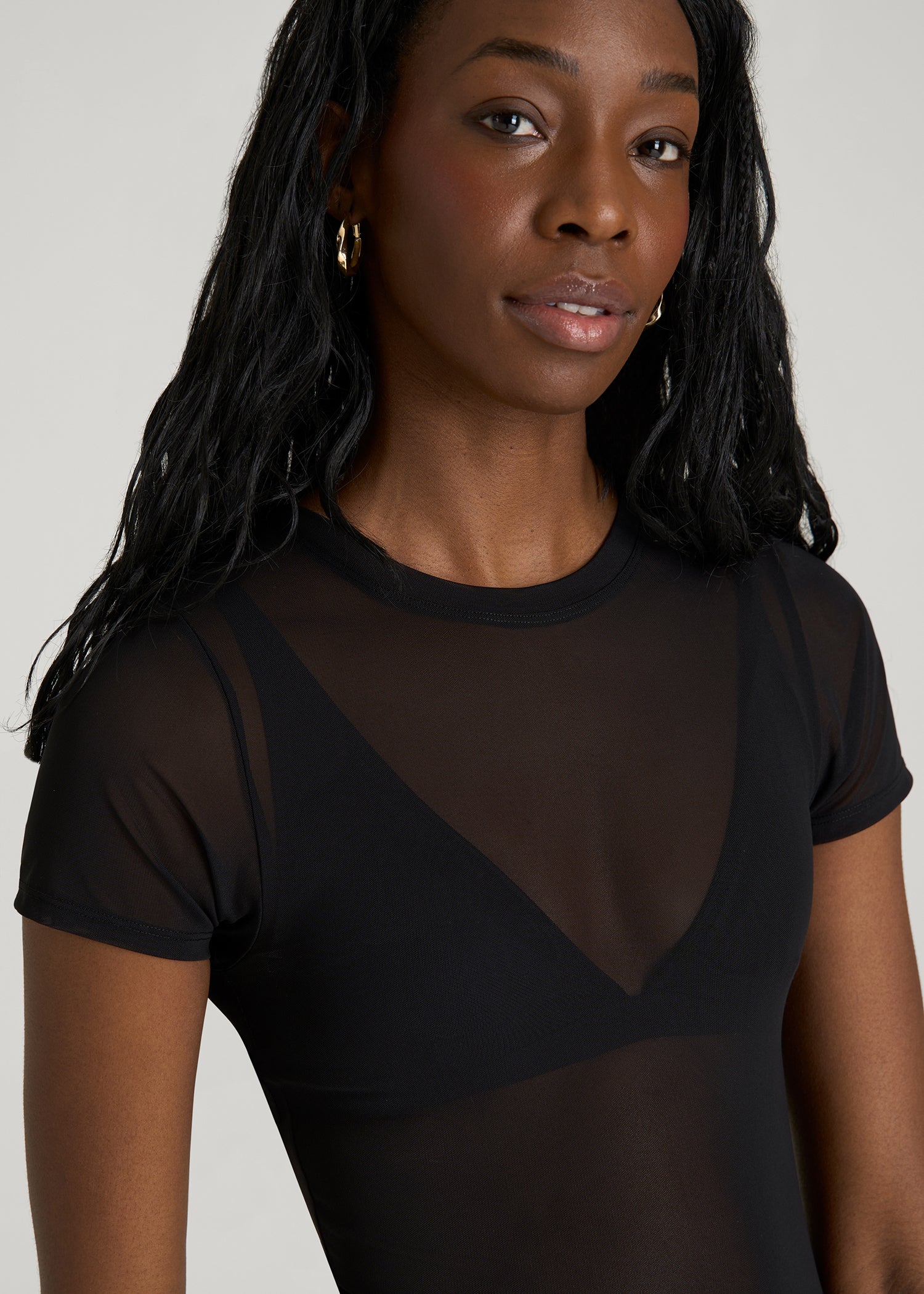 Power Mesh Fitted Short Sleeve Mini Dress for Tall Women in Deep Black