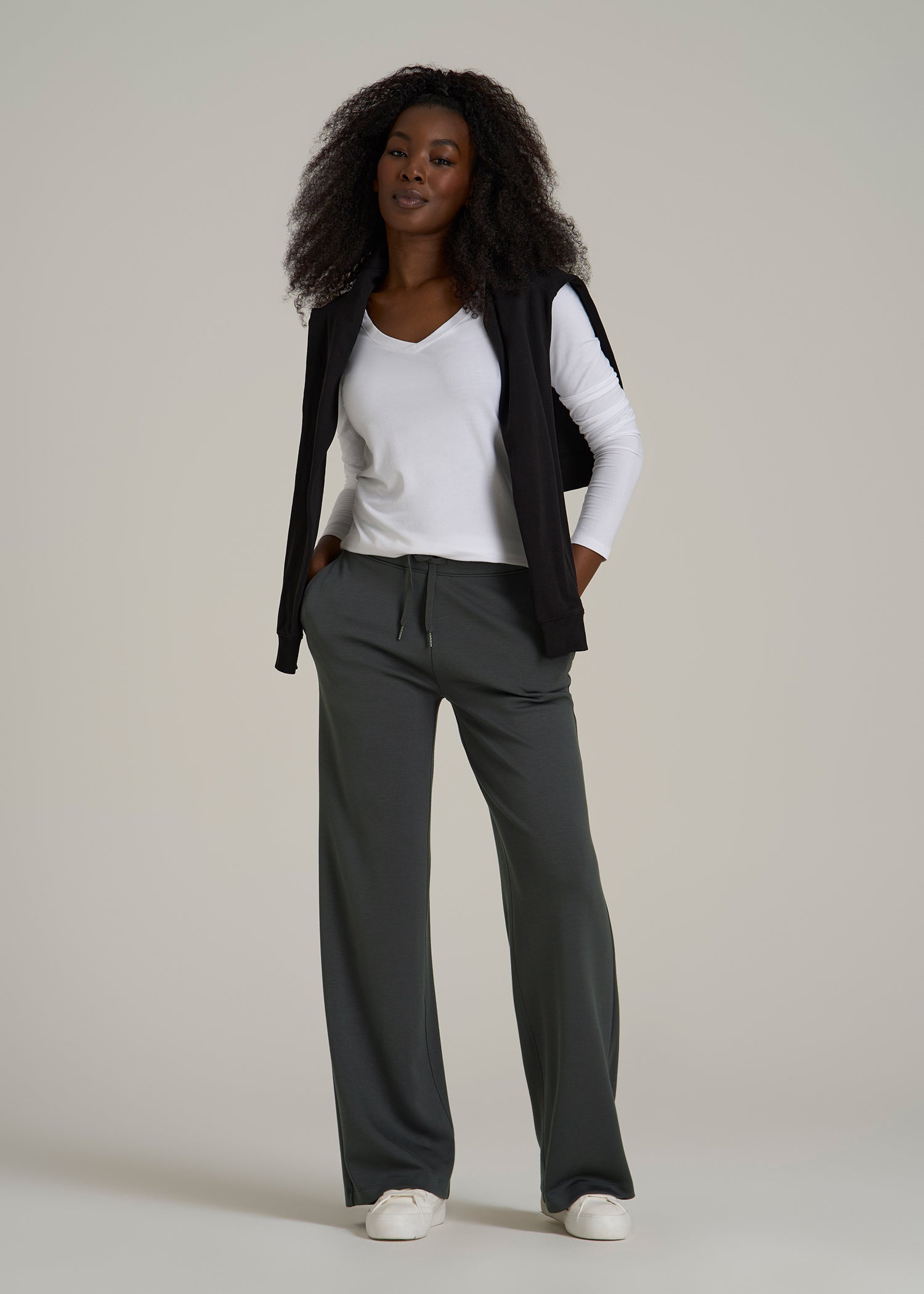 Pull-On Tie Waist Wide Leg Pants for Tall Women in Iron Grey