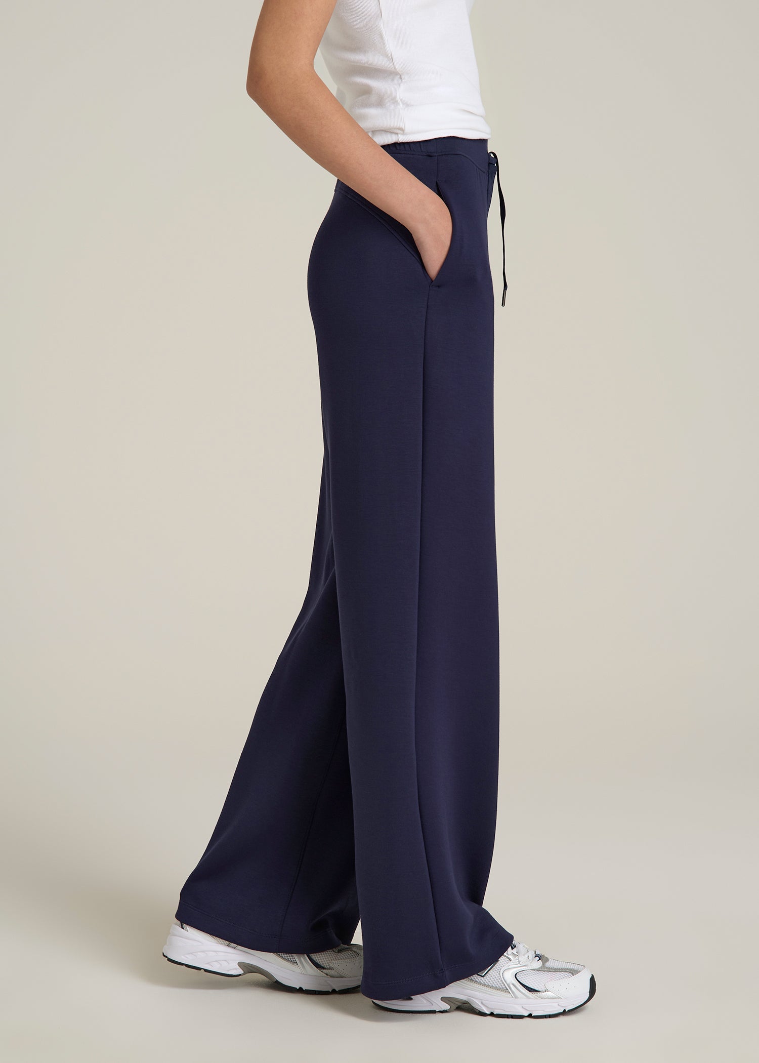 Pull-On Tie Waist Wide Leg Pants for Tall Women in Navy