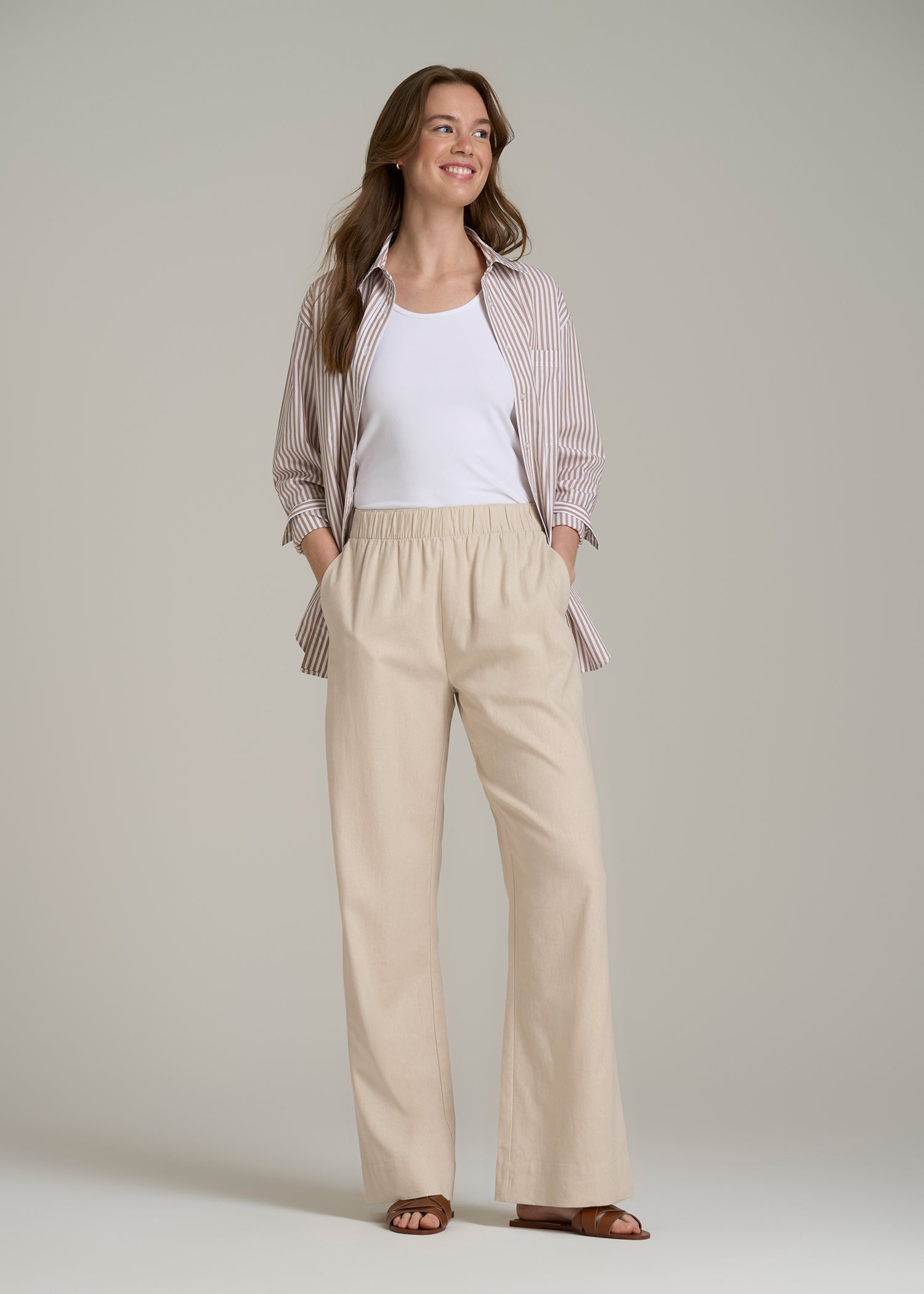 Pull On Wide Leg Linen Pants for Tall Women in Light Stone
