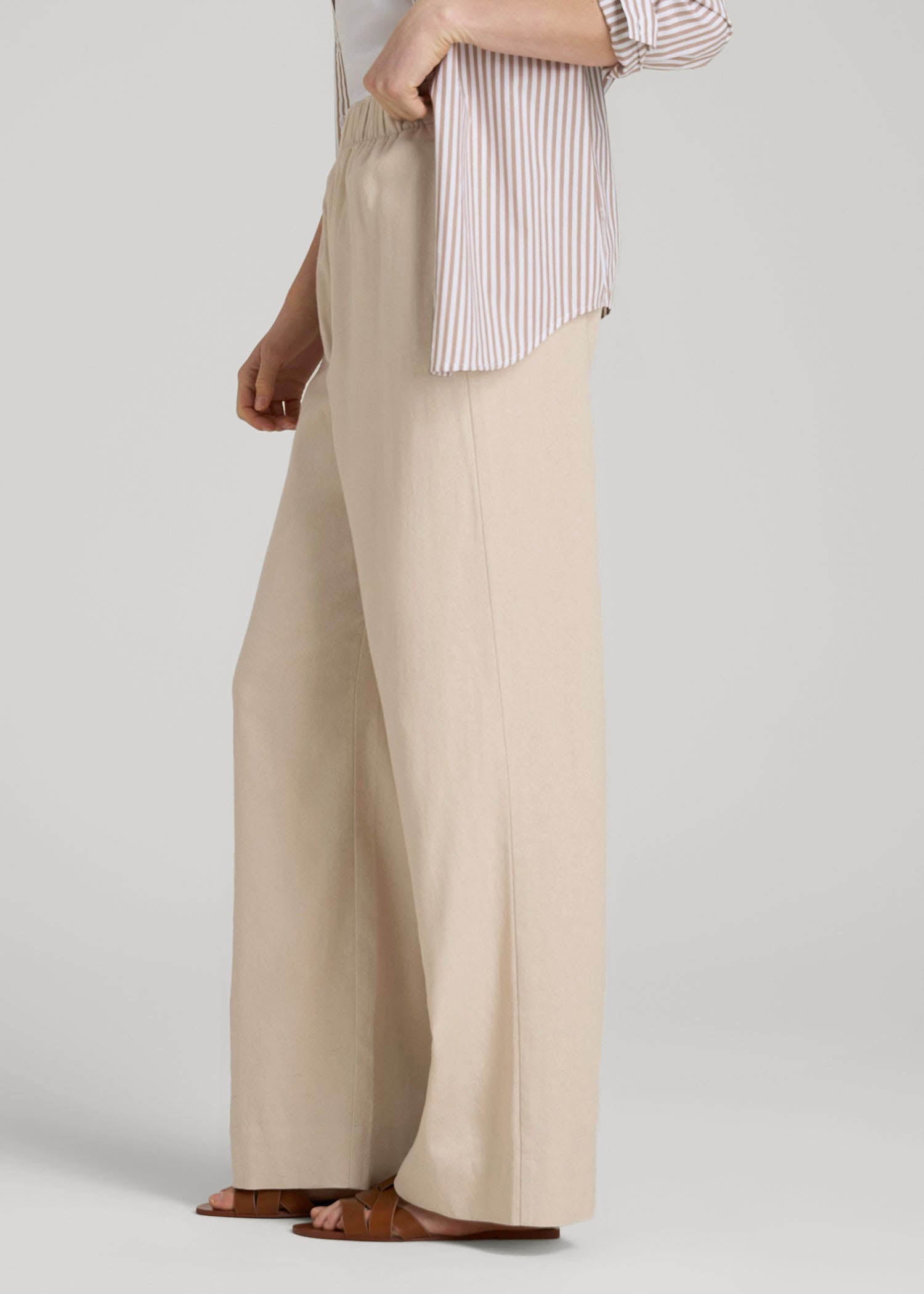 Pull On Wide Leg Linen Pants for Tall Women in Light Stone