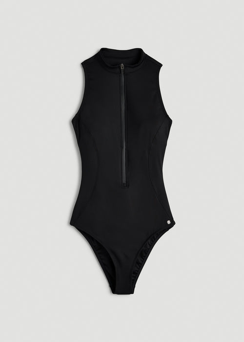 Quarter Zip Cinched One Piece Swimsuit for Tall Women in Deep Black