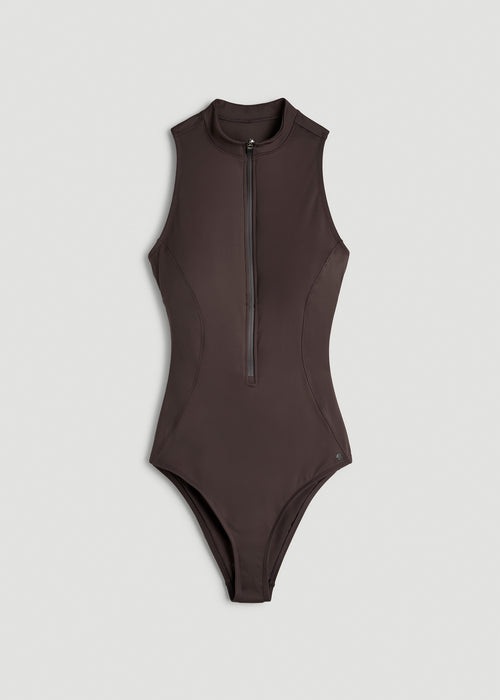 Quarter Zip Cinched One Piece Swimsuit for Tall Women in Espresso
