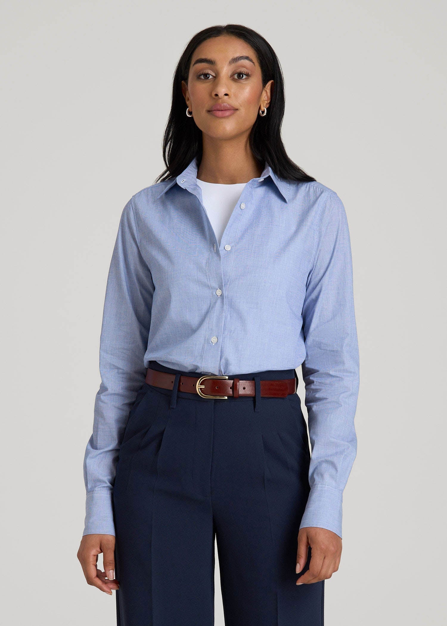 woman in dress shirt Regular Fit Dress Shirt for Tall Women in Chambray Blue 16 / Extra Tall / Chambray Blue