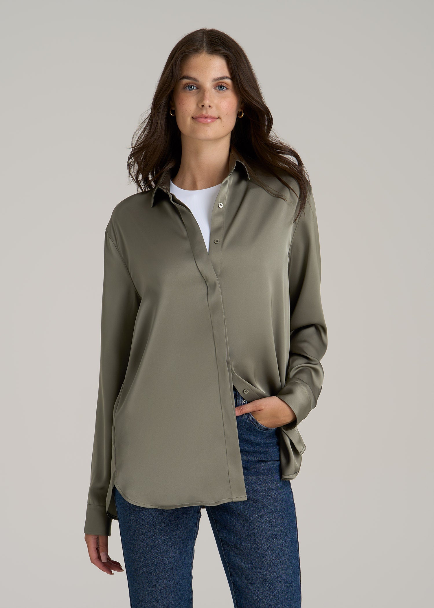 Relaxed Button-Up Blouse for Tall Women in Camper Green