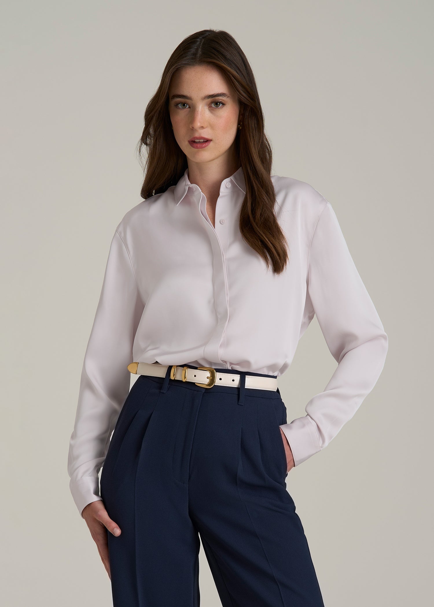 Relaxed Button-Up Blouse for Tall Women in Grey Lilac