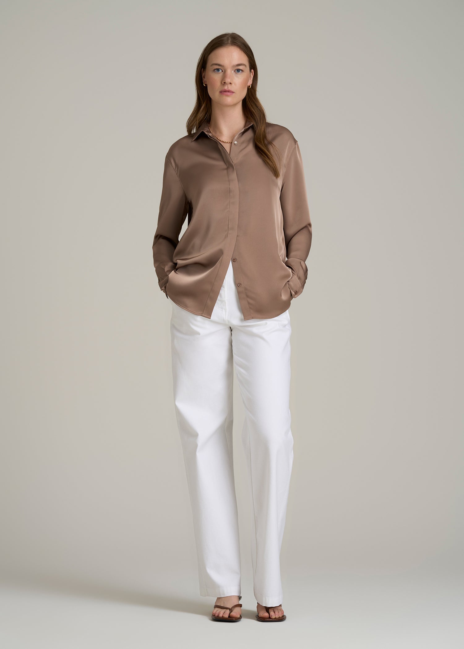 Relaxed Button-Up Blouse for Tall Women in Latte