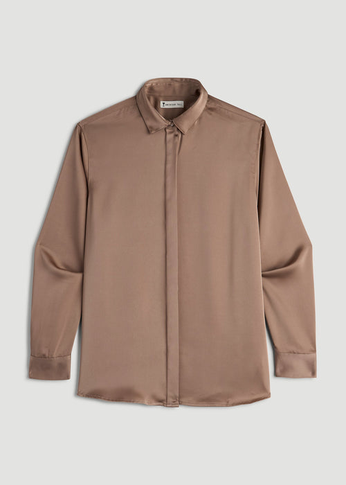 Relaxed Button-Up Blouse for Tall Women in Latte