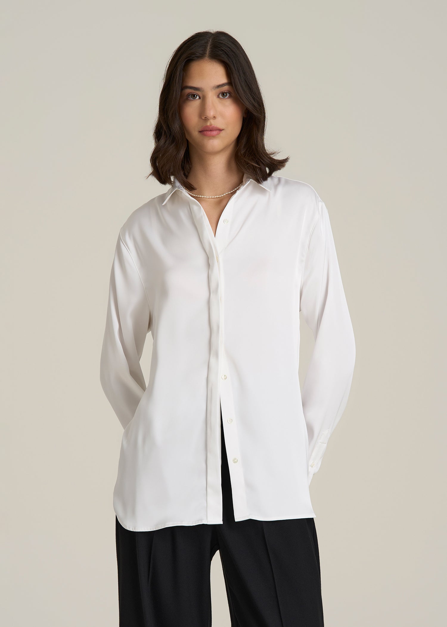 Relaxed Button-Up Blouse for Tall Women in Pearl White