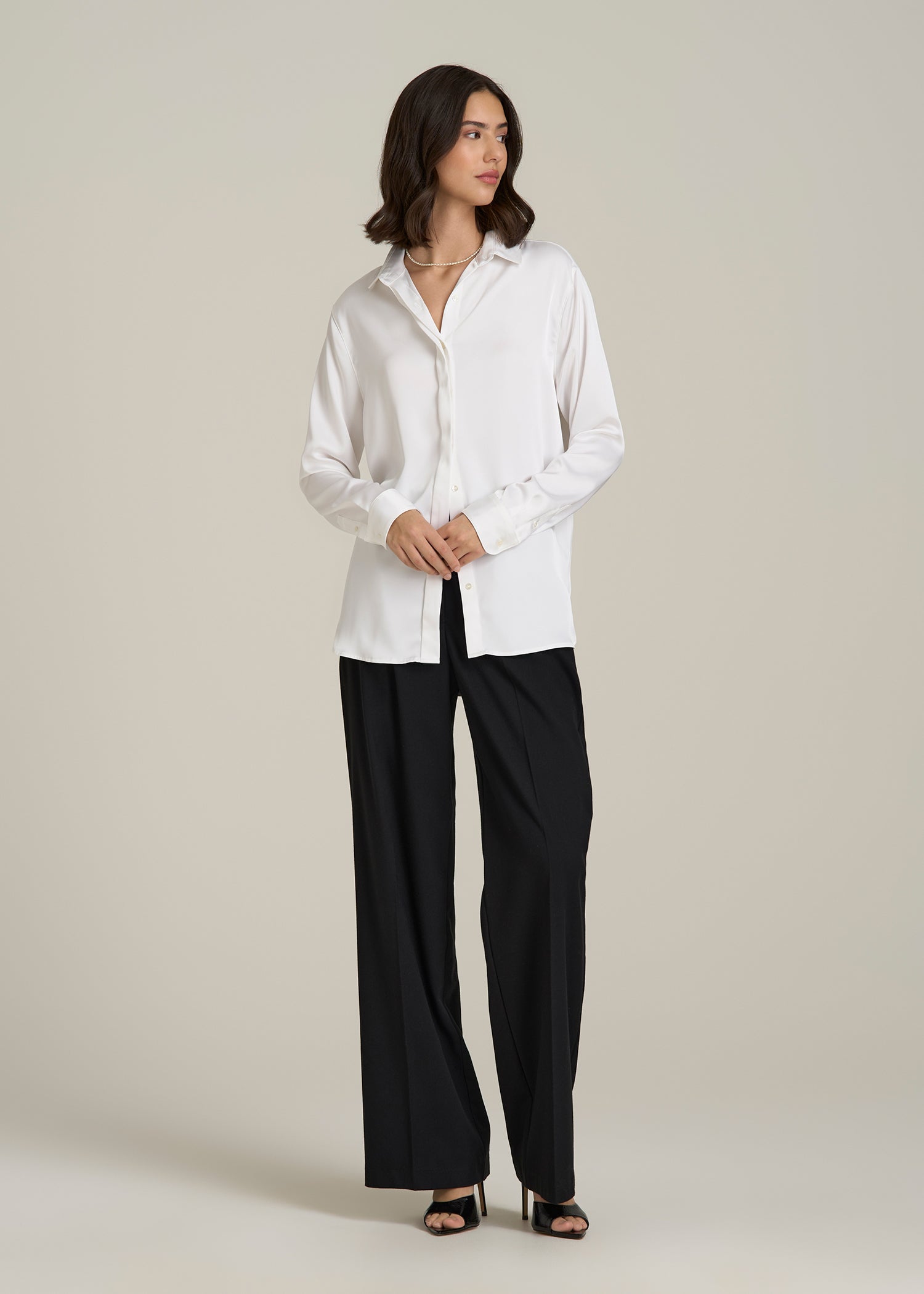 Relaxed Button-Up Blouse for Tall Women in Pearl White