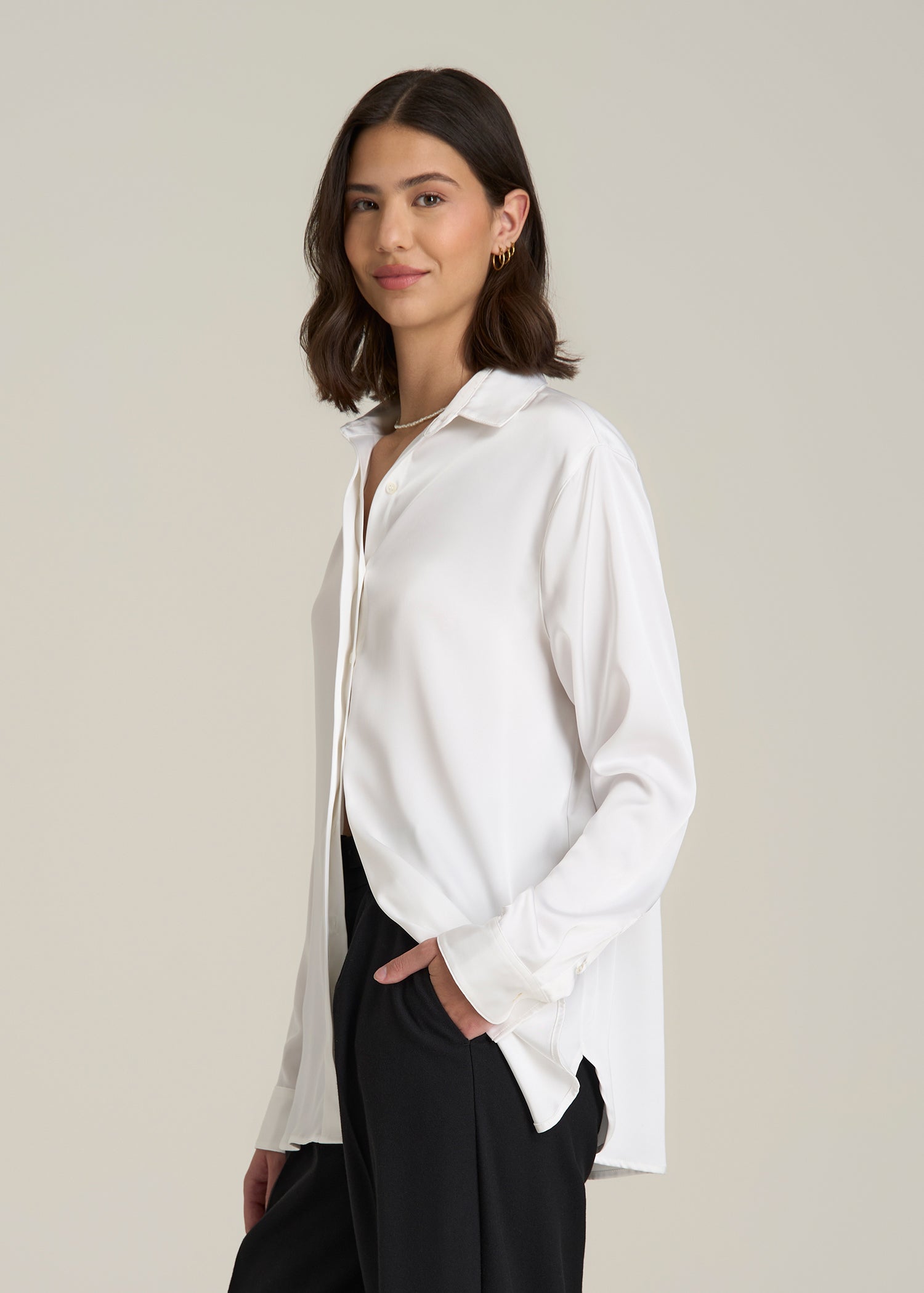 Relaxed Button-Up Blouse for Tall Women in Pearl White