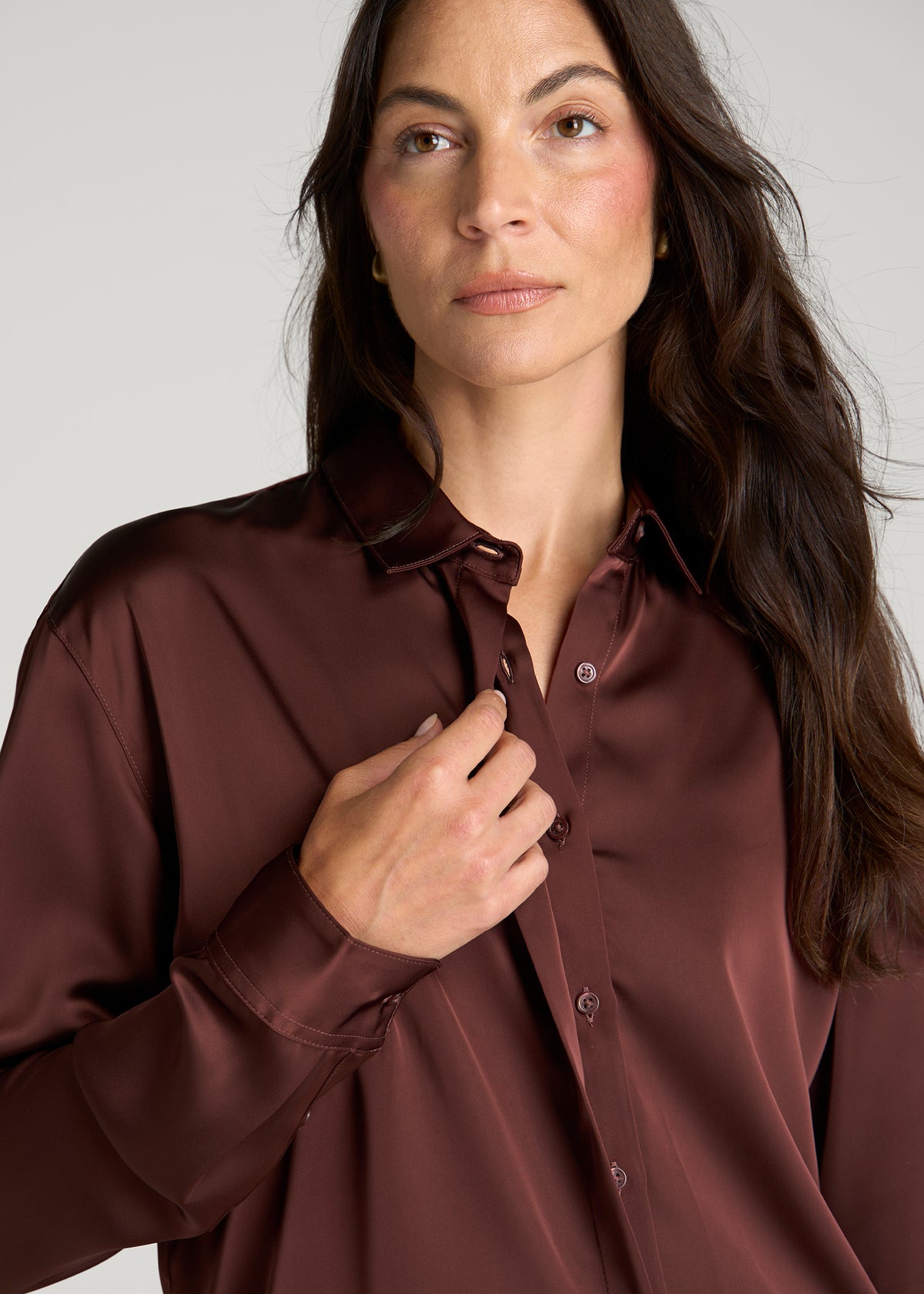 Relaxed Button-Up Blouse for Tall Women in Rum Raisin