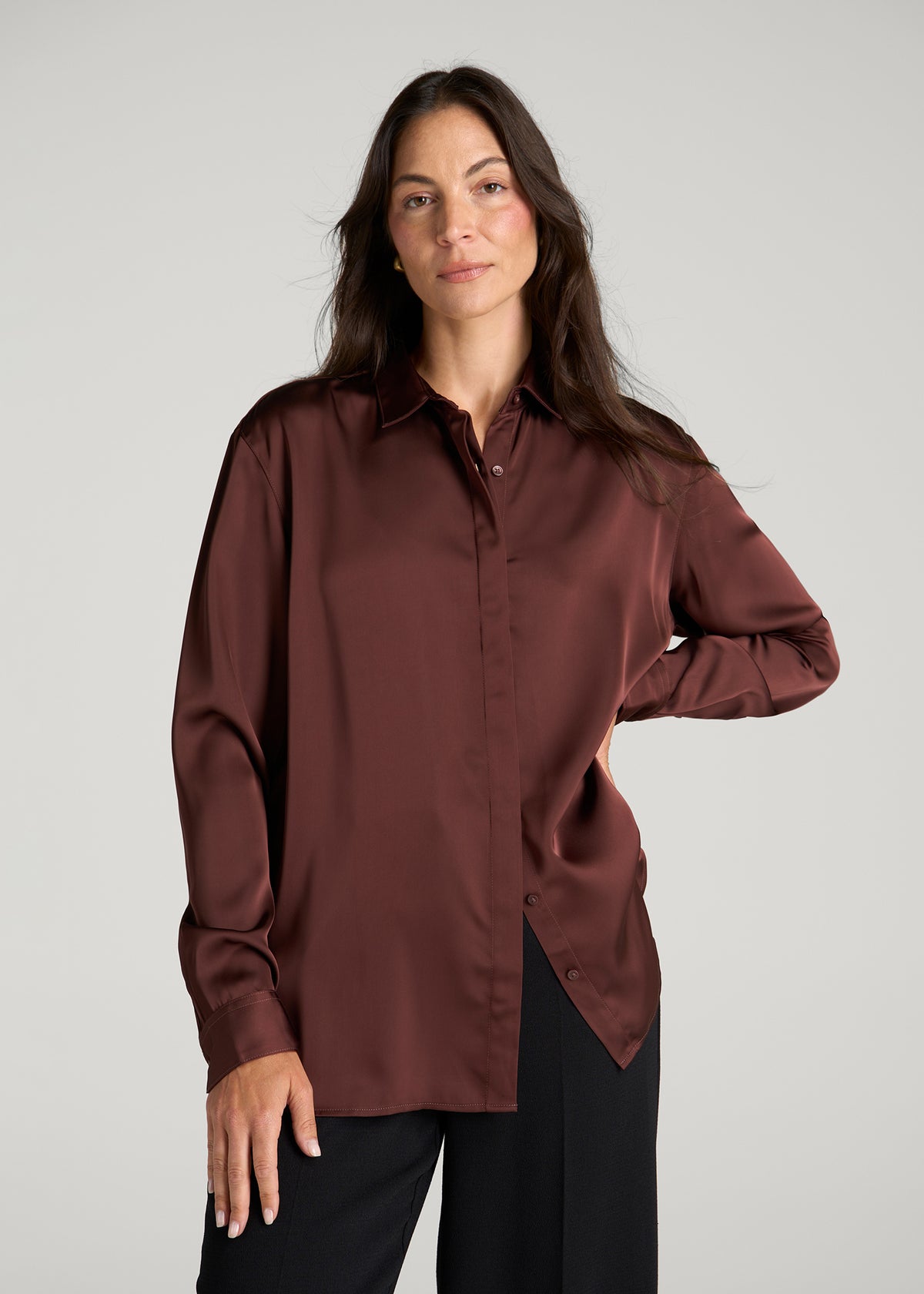 Relaxed Button-Up Blouse for Tall Women in Rum Raisin