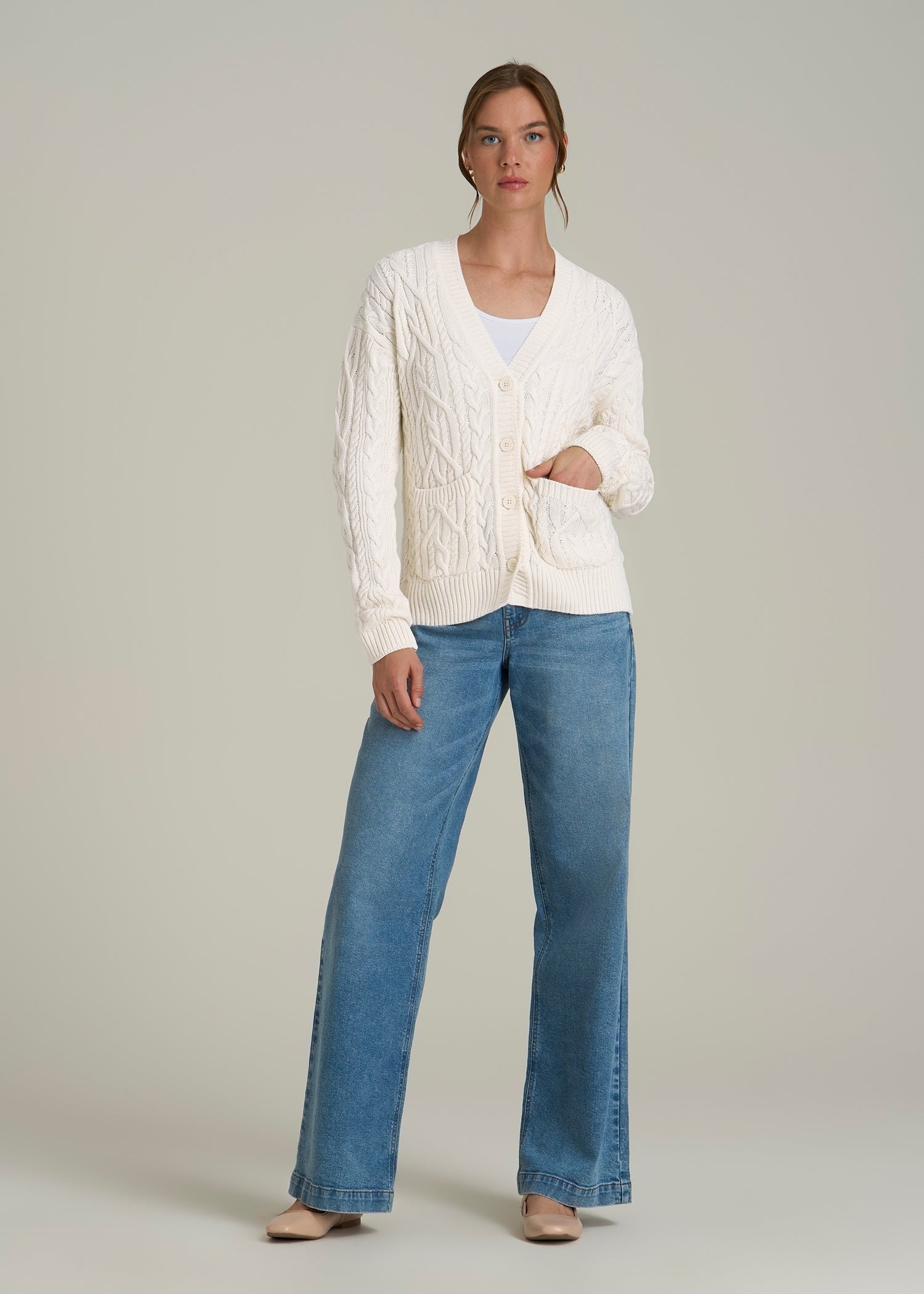 Relaxed Cotton Cable Knit Cardigan for Tall Women in Ecru