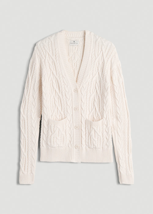 Relaxed Cotton Cable Knit Cardigan for Tall Women in Ecru