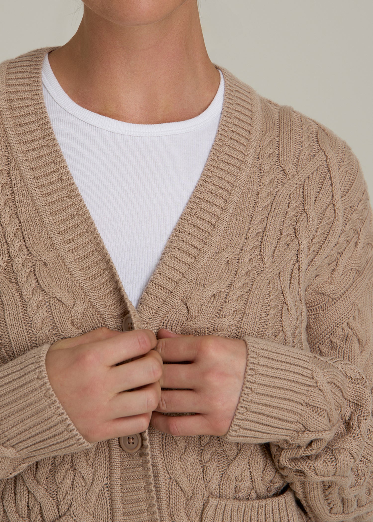 Relaxed Cotton Cable Knit Cardigan for Tall Women in Stucco