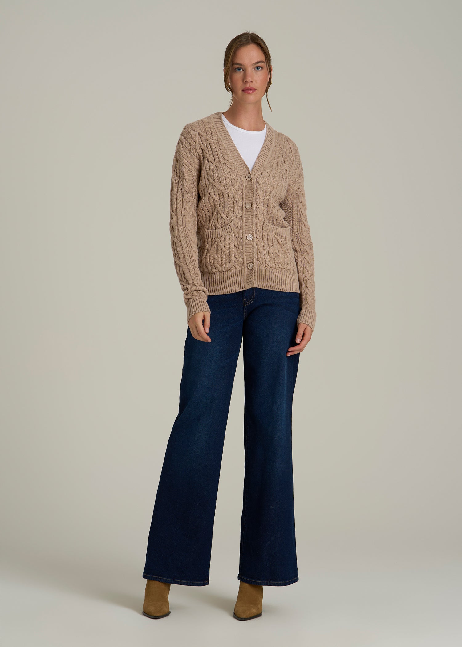 Relaxed Cotton Cable Knit Cardigan for Tall Women in Stucco