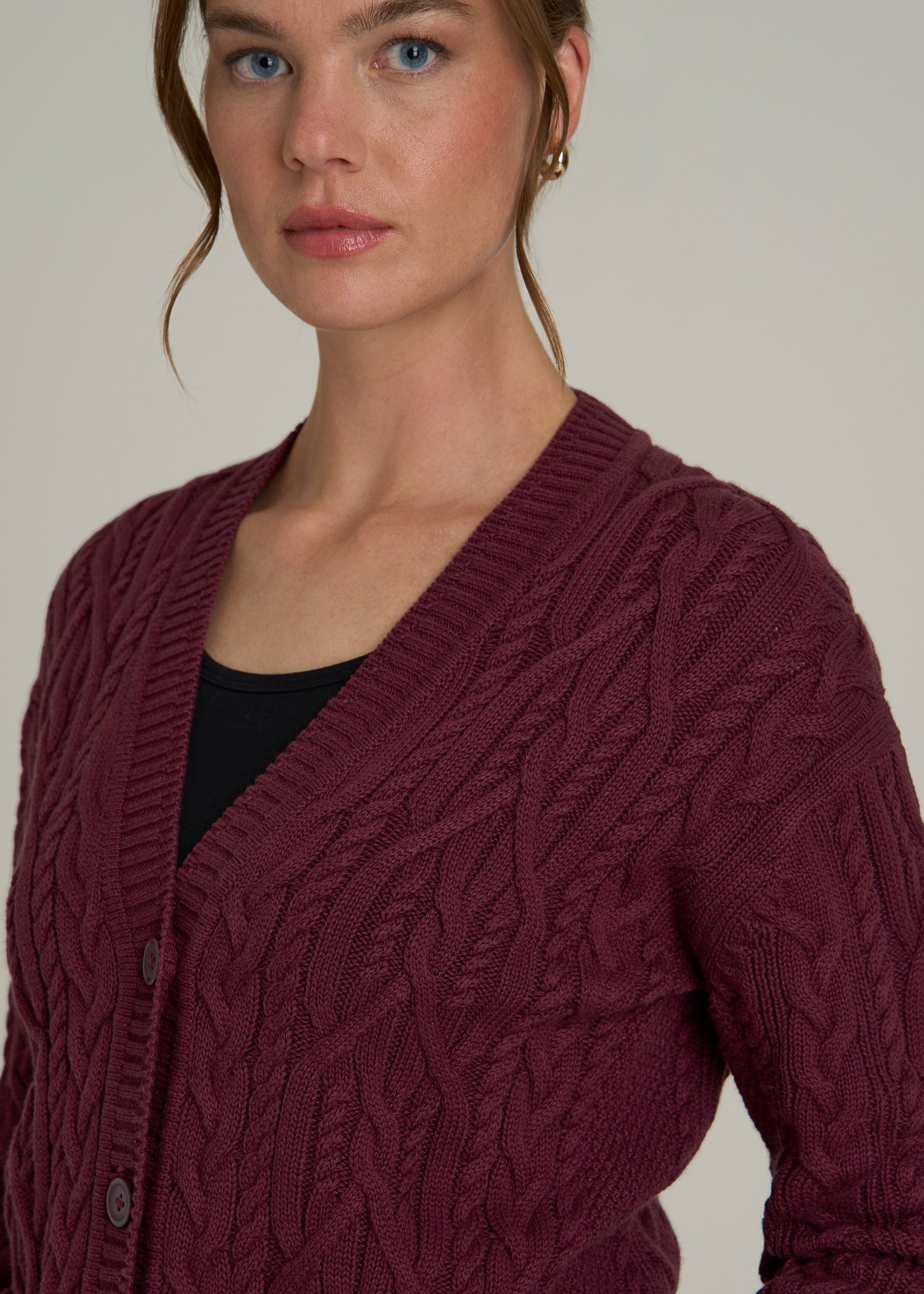 Relaxed Cotton Cable Knit Cardigan for Tall Women in Tawny Port