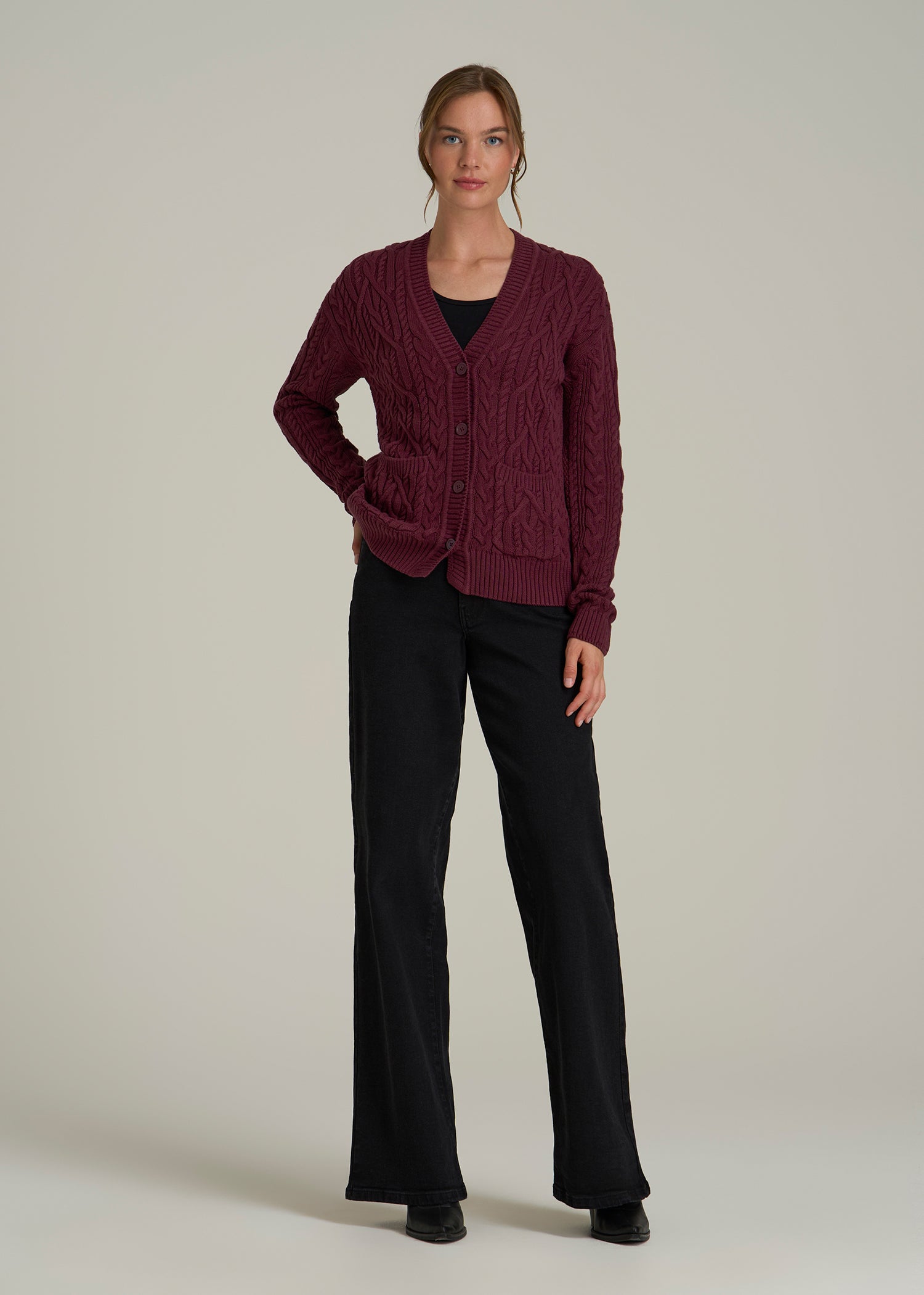 Relaxed Cotton Cable Knit Cardigan for Tall Women in Tawny Port