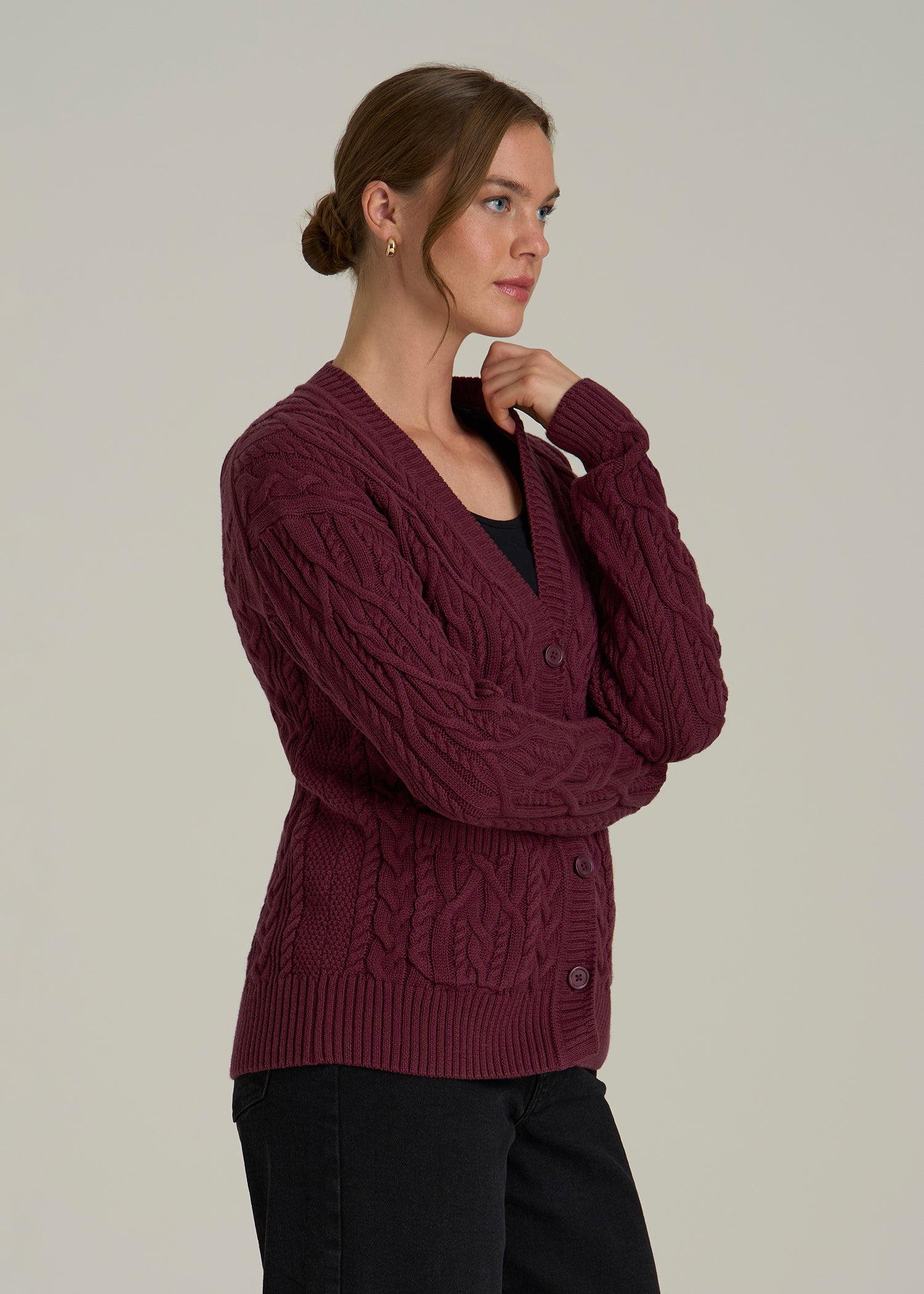 Relaxed Cotton Cable Knit Cardigan for Tall Women in Tawny Port