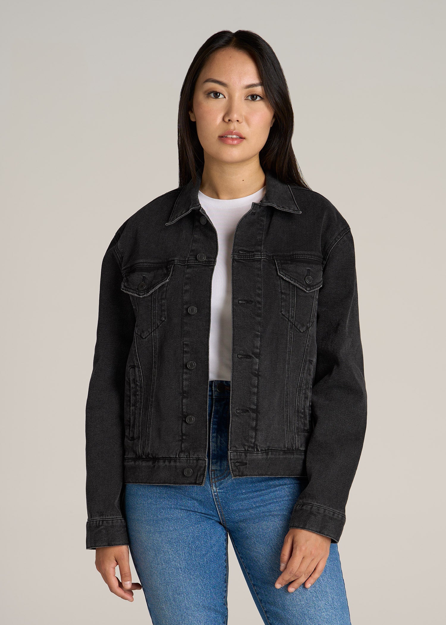 Women's Relaxed Denim Jacket for Tall Women in Black Stone Wash