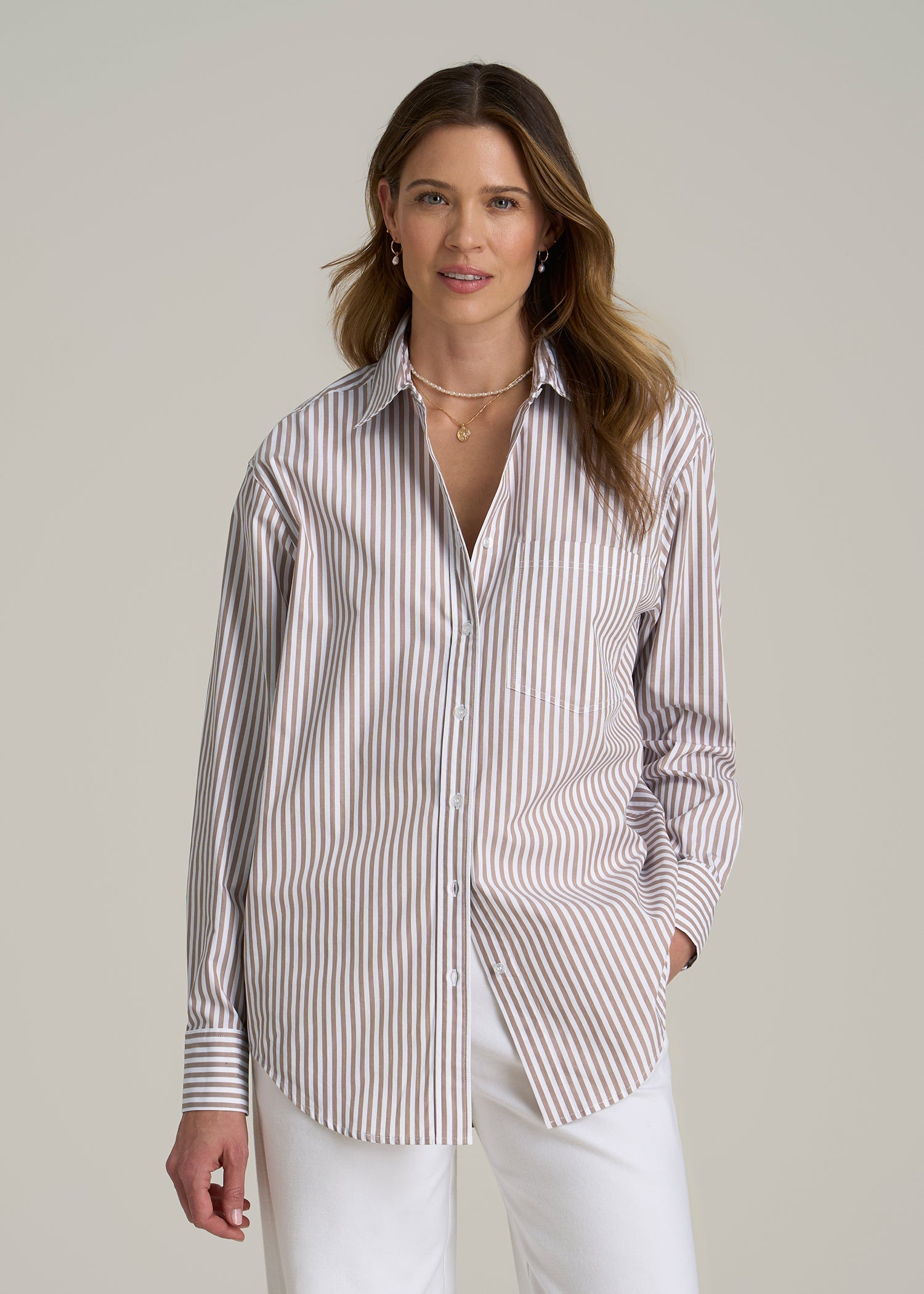 Relaxed Poplin Button-Up Shirt for Tall Women in Brown and White Stripe