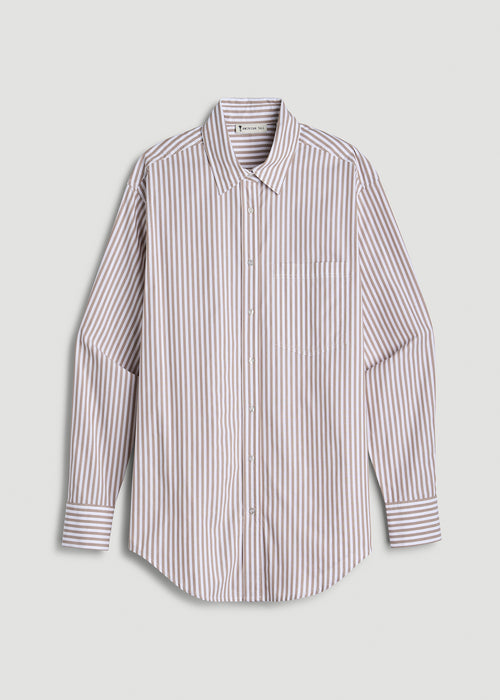 Relaxed Poplin Button-Up Shirt for Tall Women in Brown and White Stripe